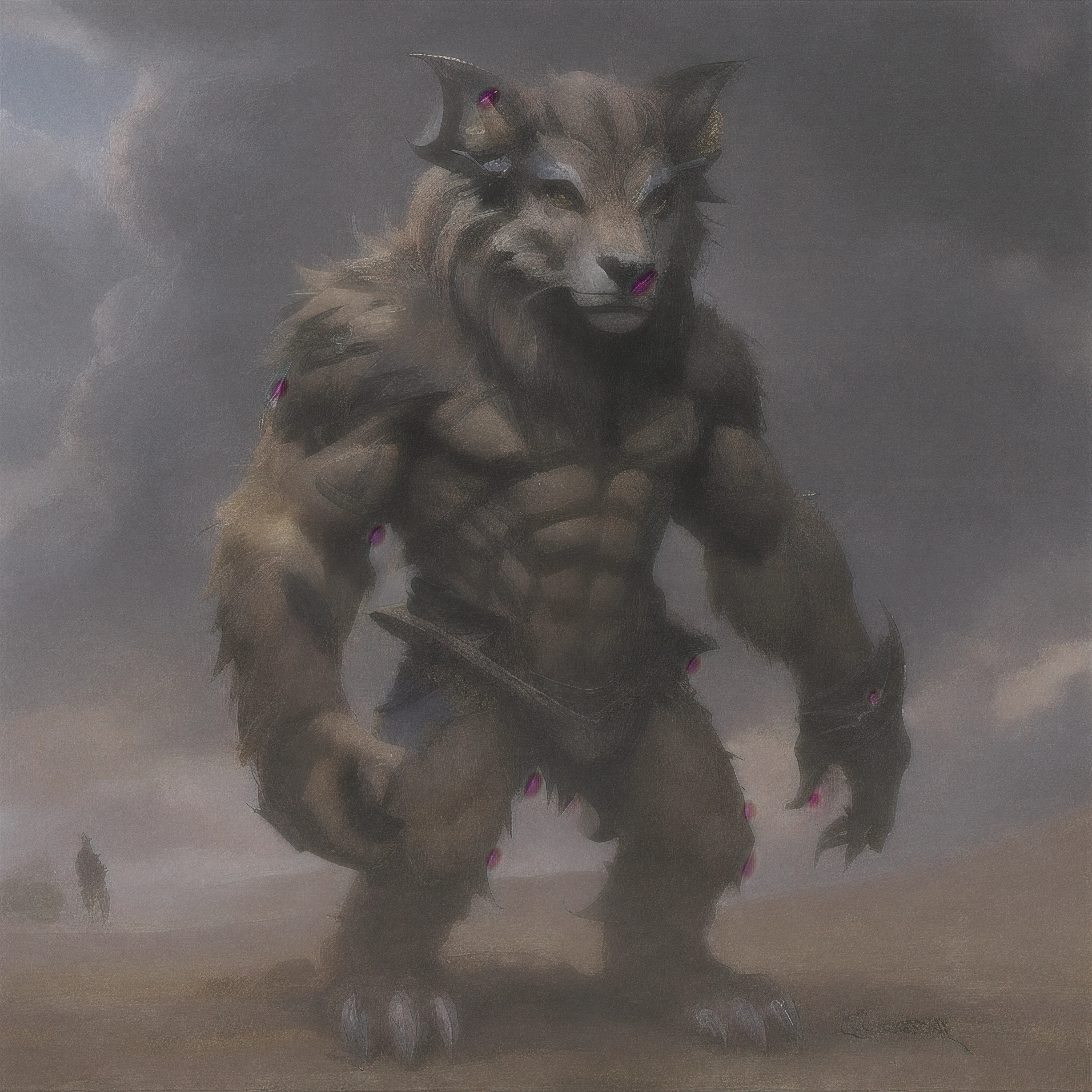 blaidd (elden ring), furry body, (very muscular, very heavyweight, thick build, pectorals, strong chest, abs, biceps:1.2), scars on body, bare chest, cape, male, masculine, 4k, high resolution, detailed, correct anatomy, correct proportions, (dark fantasy background:1.2), (by blotch, by taran fiddler, rukis lighting:1.0), detailed shading, detailed lighting, detailed, sexy, strong, proud, detailed eyes, purple eyeull body))),((big hard and thick veiny penis and testis with pre-cum:1.5)), ((bodybuilder)), no pants, ((nude)), ((NSFW)), (flat stomach:1.2), (wolf tail:1.2), squatting , spread leg,