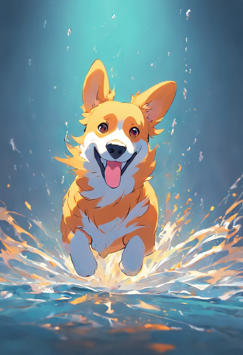 An emblematic logo of a vibrantly colored Welsh Corgi Pembroke dog, water elements, design simples, arte vetorial, minimum