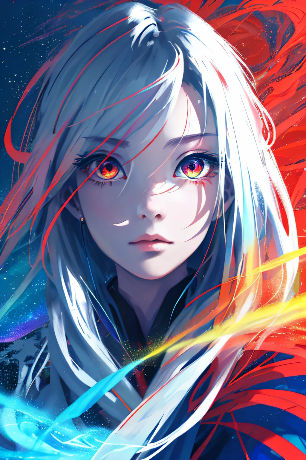 realisticlying、Masterpiece quality、best qualtiy、offcial art、Beauty and aesthetics：1.2、Very detailed fractal art、Colorful abstract background、Kizi、Beautiful girl、Ancient wind、Kamimei、The color hair、long whitr hair、Delicate facial features、luminous red eyes、Glowing blue eyes, delicate eyes，Heteropupil、largeeyes、Mysterious magic、Girl of Ice and Fire，Red, yellow and blue color scheme，cinematric light