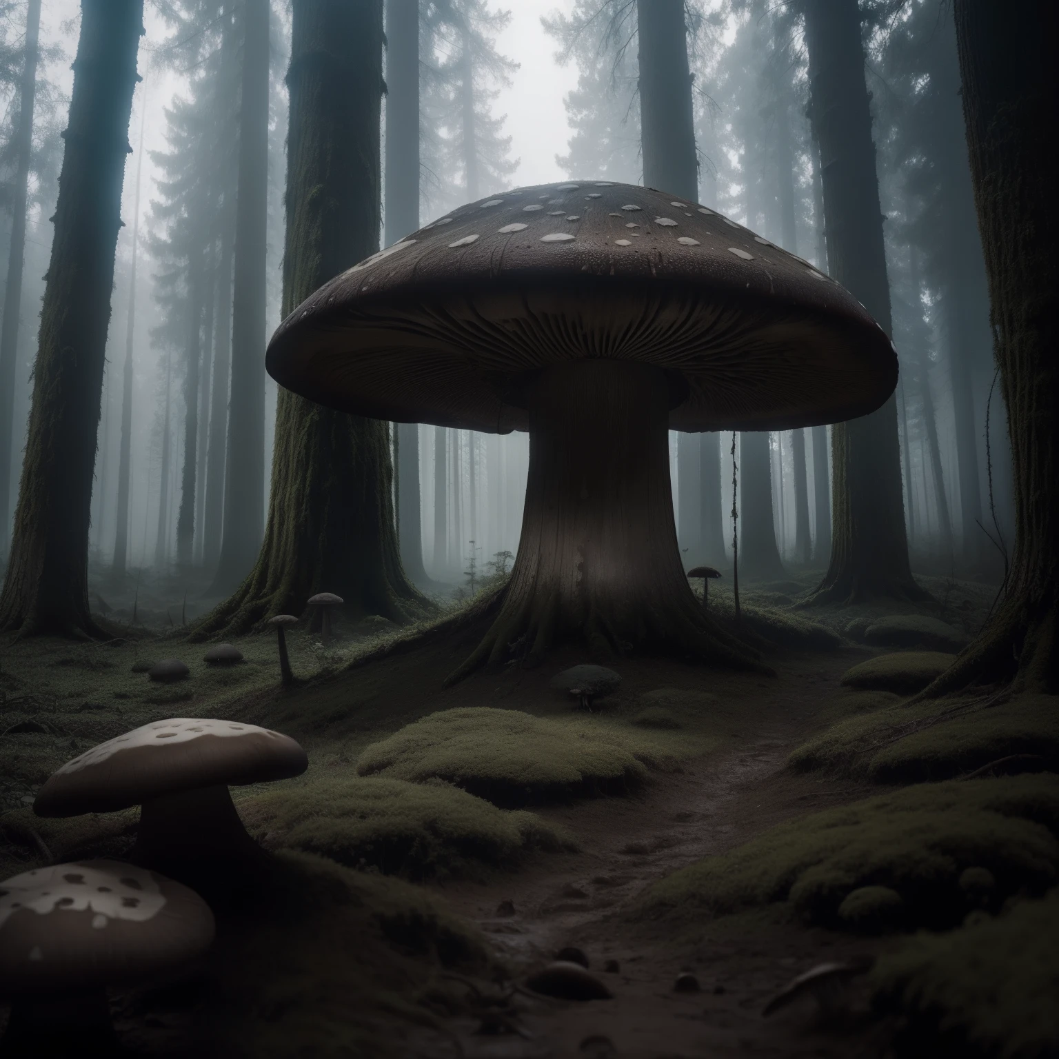 mushroom forest, big mushroom in the center, dark forest, mud, fog, dark light