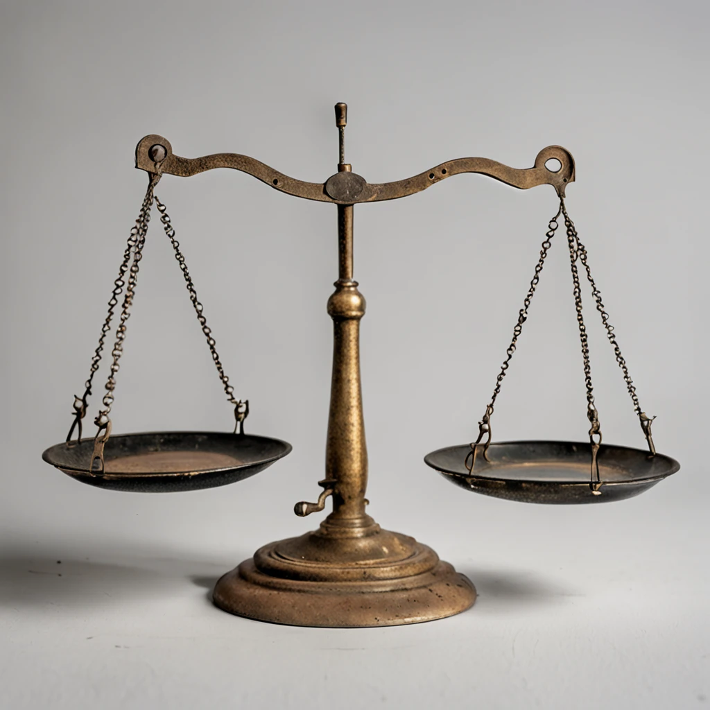 old libra balance scale, slightly bigger plates, equal sides, front view, white background