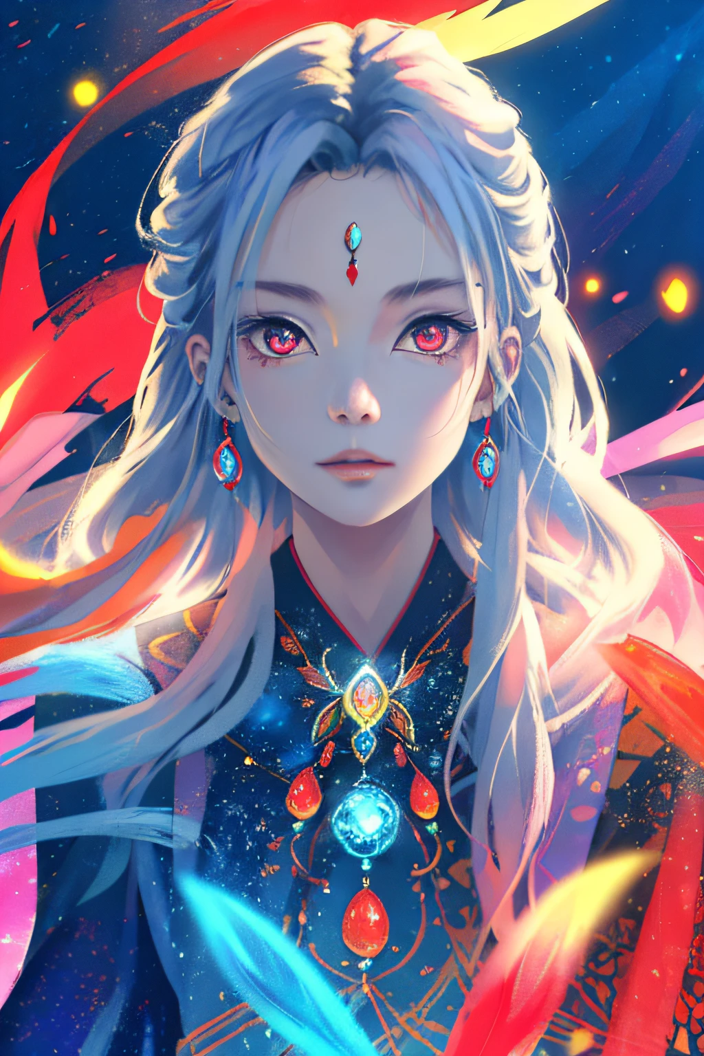 realisticlying、Masterpiece quality、best qualtiy、offcial art、Beauty and aesthetics:1.2、Very detailed fractal art、Colorful abstract background、Kizi、Beautiful girl、Ancient wind、Kamimei、The color hair、long whitr hair、Delicate facial features、luminous red eyes、Glowing blue eyes, delicate eyes,Heteropupil、largeeyes、Mysterious magic、Girl of Ice and Fire,Red, yellow and blue color scheme,cinematric light