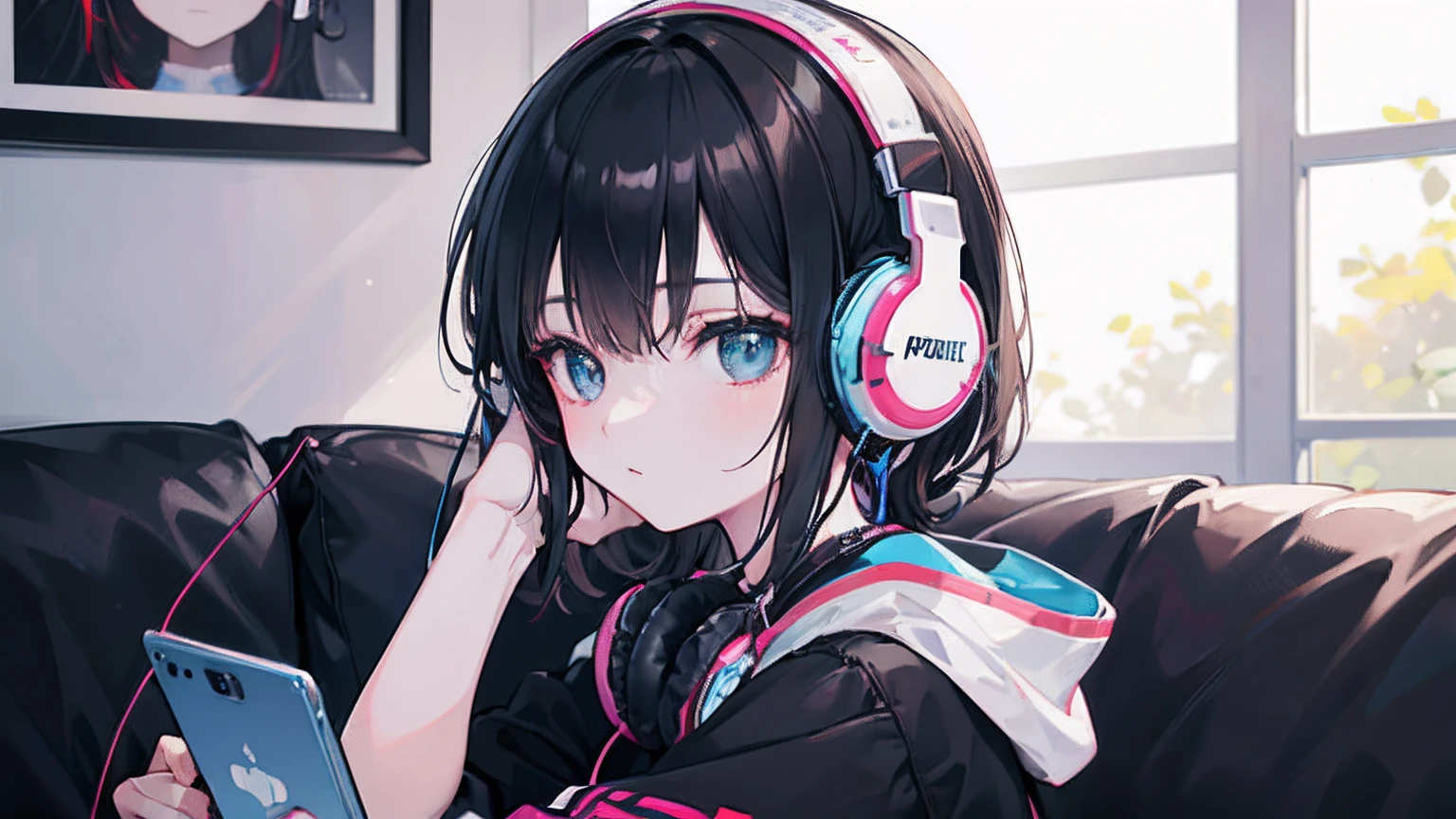 Ala Fed girl with headphones sitting on sofa in room, Girl wearing headphones, Listening to music, Listen to reverent music, Connected headphones, high quality portrait, Vibe in time with the music, Use headphones, With headphones, photo portrait, Portrait of Rofi, shutterstock, listening to music at 2 am, Soft Portrait Photography 8K, What's playing