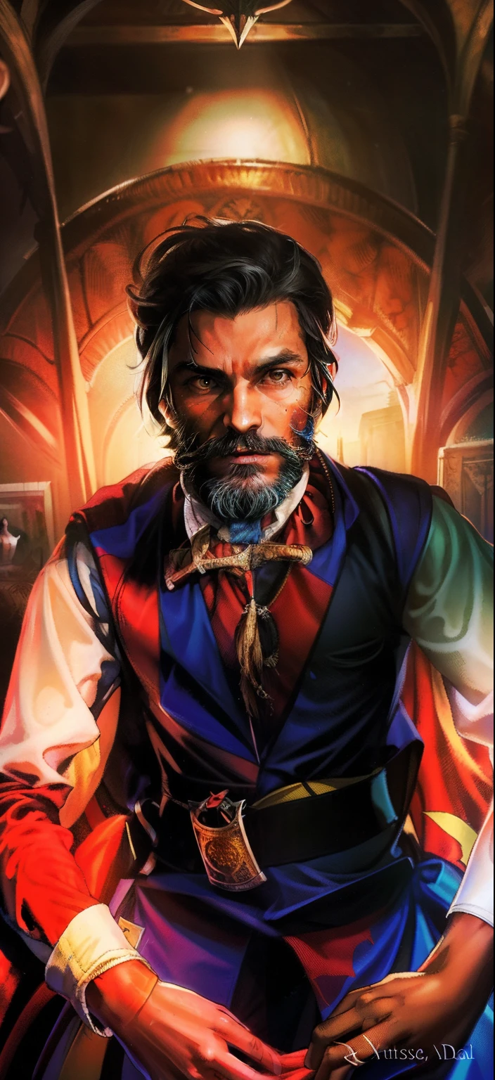 Full-body, a tall Doctor Strange in traditional costume and beard，Has wild curly black hair