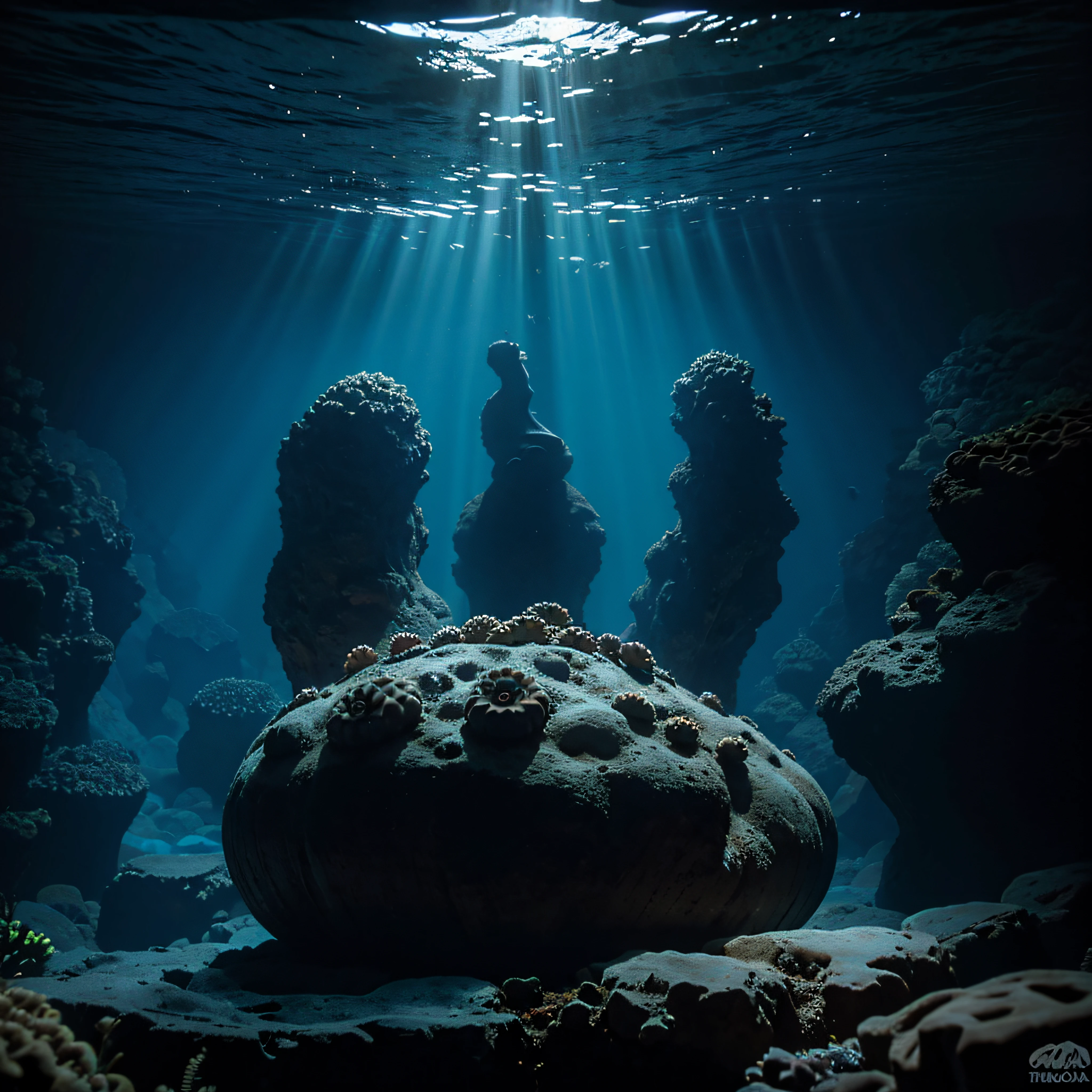 (extremadamente detallado, obra maestra, La mejor calidad, Under the Ocean), Estilo oscuro, volumetric illumination. textura de babosa, piel de caracol. manchas de tinta. Rococo composition. Luz de caravaggio