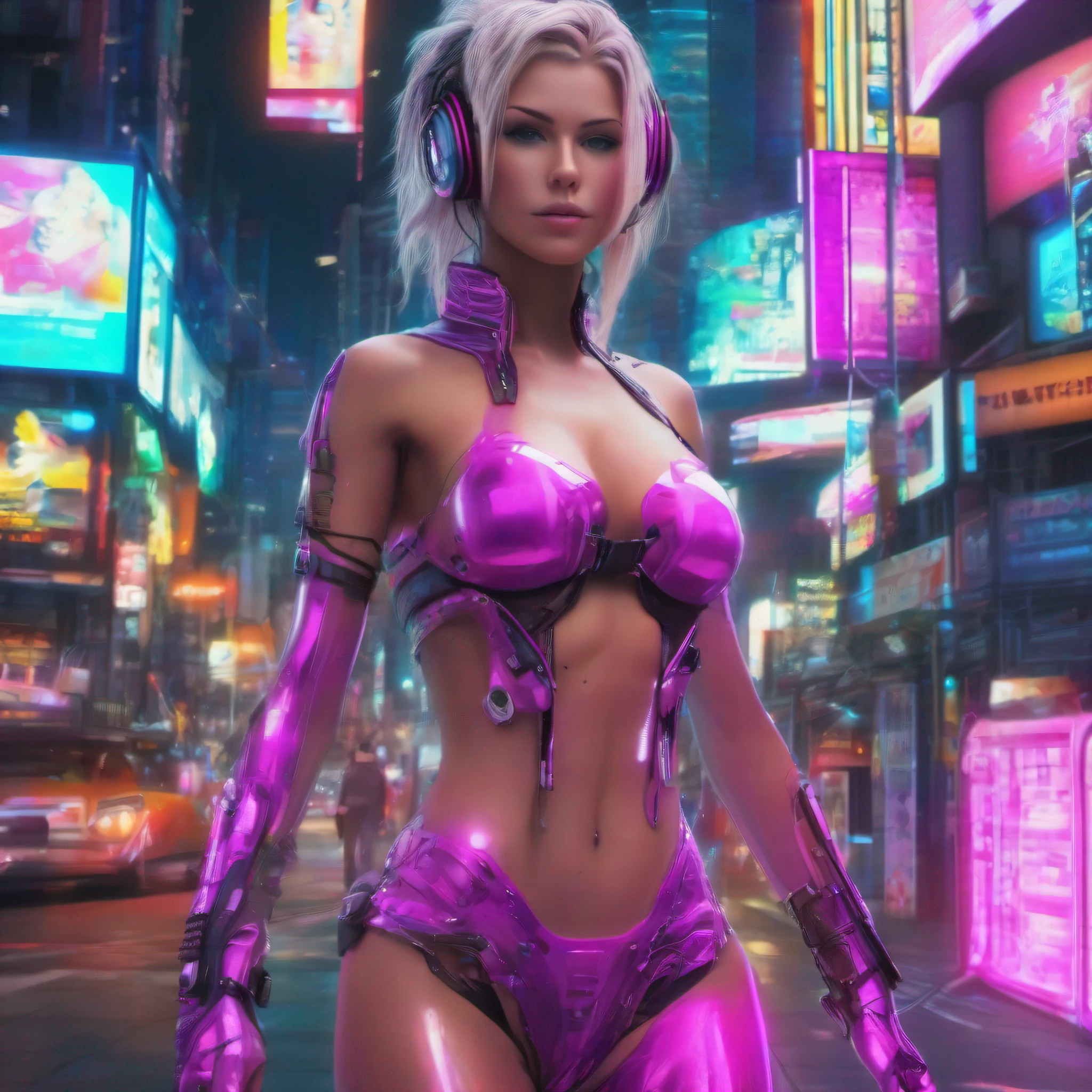 ((Neon Cyberpunk art technique inspired by Ghost In The Shell) , NewYork beautiful Woman in neon cyberpunk street, ((Best masterpiece in the world)), photorealistic art rich in details, ((Realism)), (extremely beautiful girl: 1.5), mature, sexy blond woman, (very big breasts:1.7), (full body), (semi-naked girl), sexy pose, (Crisp face), wearing headphones, random hair lock color, perfect body, strawberry mouth with shine, eyes symmetrical, seductive look, beautiful eyes ultra detailed and with brightness, makeup, perfect hands with 4 fingers and a thumb, full buttocks and rounded medium and laterally, protruding areolas, (pubic hair barely visible), piercing in the navel, tattoos on the body, tattoo style Irezumi, thin waist, tanned skin, shiny skin, hyper detailed skin with visible pores, bionic, legging, wet with sweat, (see through fabric), Cyber Punk style jacket, high heel shoes, ((Metropolises night city of Cyber Punk night background extremely detailed: 1.4)), cyber punk walking npcs, (billboards: 1.2), disco, neon, wet floor, glow efect, (8k resolution: 1.2), (Canon EOS R6), Artstation trend, Lumen[, sharp, photorealistic art, Ray Tracing, (High Dynamic Range 10 plus), surrealism, shadow, stereogram, Lens Flare light, (hyper realistic light and shadow: 1.2)