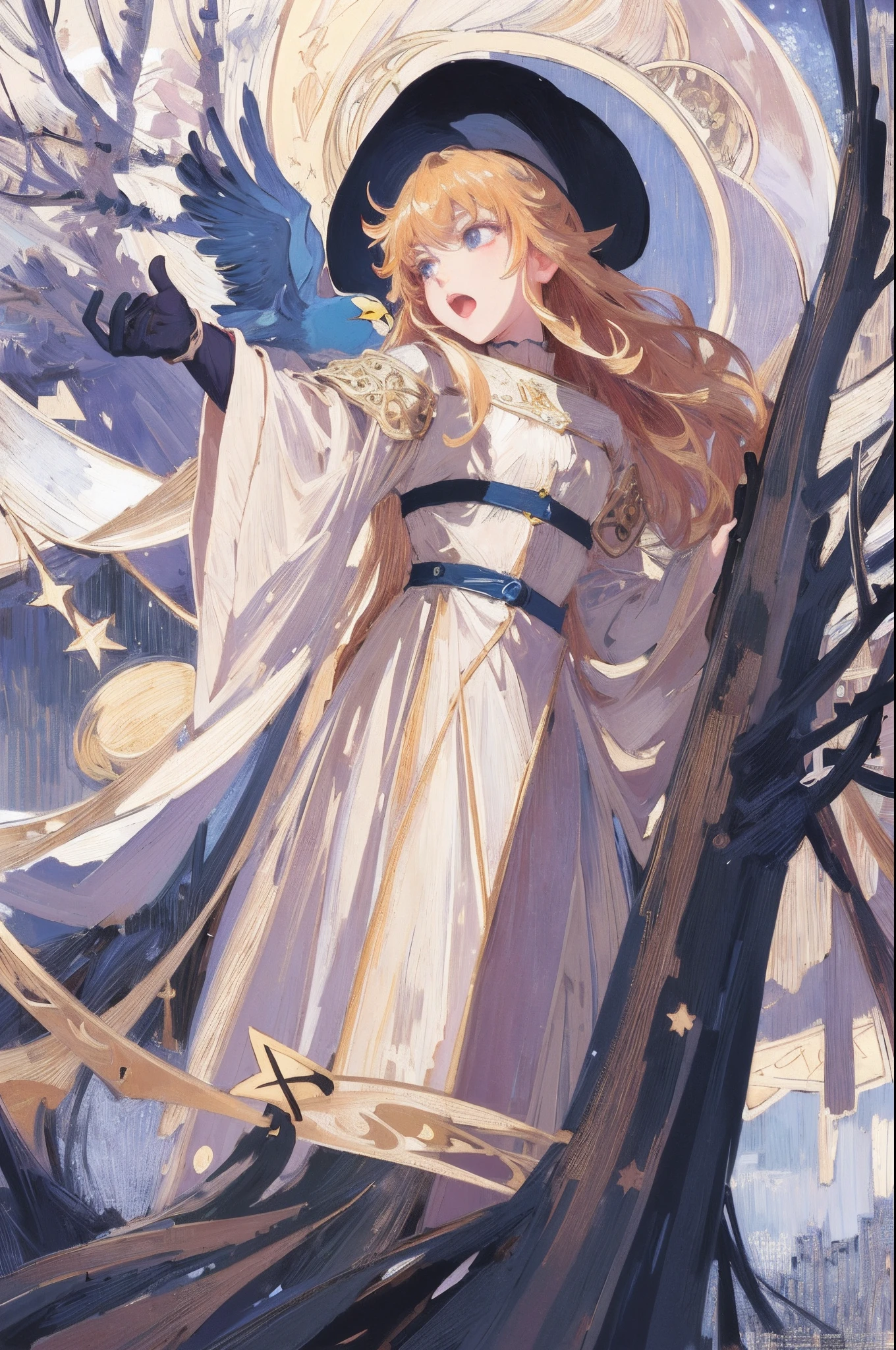 ((masterpiece:1.2, best quality)), 1girl, solo, (witch hat), blonde hair, long hair, dress, aurora, night, star (sky), gloves, sky, white dress, night sky, open mouth, starry sky, blue eyes, ribbon, very long hair, red dress, smile, hair ribbon, cape, blue hair, (bird), magic, casting spell, dark clouds, night, (impressionism:1.4), (tarot:1.3), alphonse mucha,