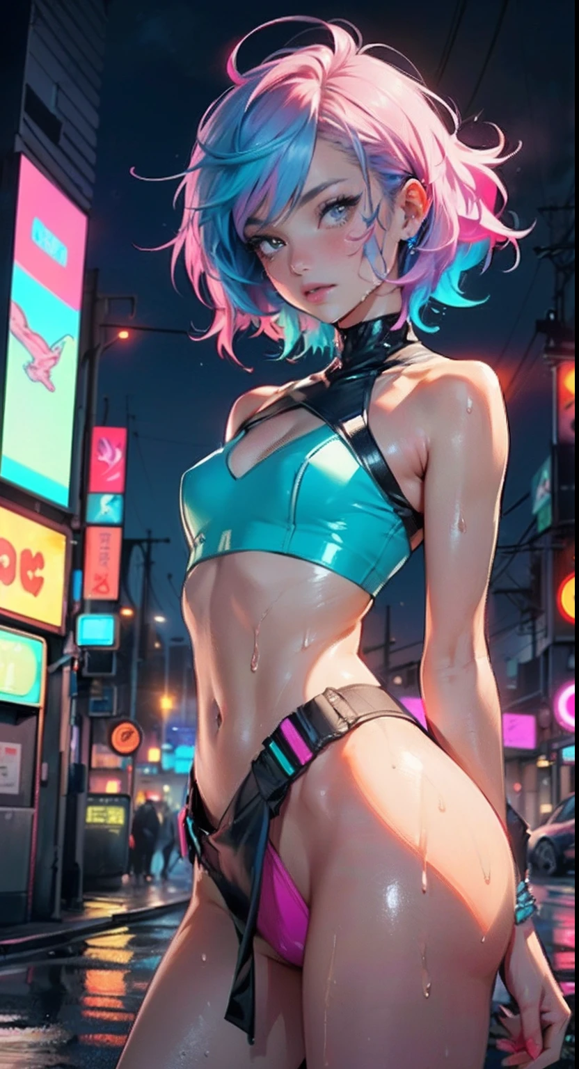 cute cartoon little ,(((little lolill tiny body,petite))),(((6 years tremely cute cartoon girl with liquid paint hair)),
(((flat chest))),short hair,(((liquid paint hair:1.1,neon purple hair|neon pink hair|neon blue hair|neon aqua hair|purple hair|fuchsia hair|fluorescent blue hair|amethyst hair|neon hair|bright pink hair :1.5,bright hair: 1.3,hair made of paint and defies gravity,thick flowing,paint splatter:1.3,shiny hair: 1.3,vibrant colored hair))),((heterochromia:1.5,eye1 purple,eye2 pink,upturned eyes:1.3,perfect eyes,beautiful detailed eyes,finely detailed beautiful eyes:1,symmetrical eyes:1)),((fat)),(((lustrous skin:1.5,bright skin: 1.5,skin tanned,shiny skin,very shiny skin,shiny body,plastic glitter skin,exaggerated shiny skin,illuminated skin,wet legs))),(delicate detailed fingers,detailed body,human hands),
cute,slutty,seductive,erotic,(((nsfw))),
revealing clothing,show skin,(wearing a Neon color theme clothing:1.3,micro clothes,fluorescent and neon clothing,rave fashion,micro crop top,micro skirt,visible thong straps,accessories LED),((wet clothes,detailed outfit,detailed clothes)),
(dynamic pose:1.0),solo focus,embarrassed,(centered,scale to fit dimensions,Rule of thirds),
cyberpunk city by the ocean at night, with bright neon signs and dark stormy clouds and puddles,
High resolution, sharp focus, (ultra detailed, extremely detailed), (photorealistic artwork:1.37), 8k wallpaper,((synthwave background theme)),((vibrant colors)),(intricate),masterpiece,(best quality),