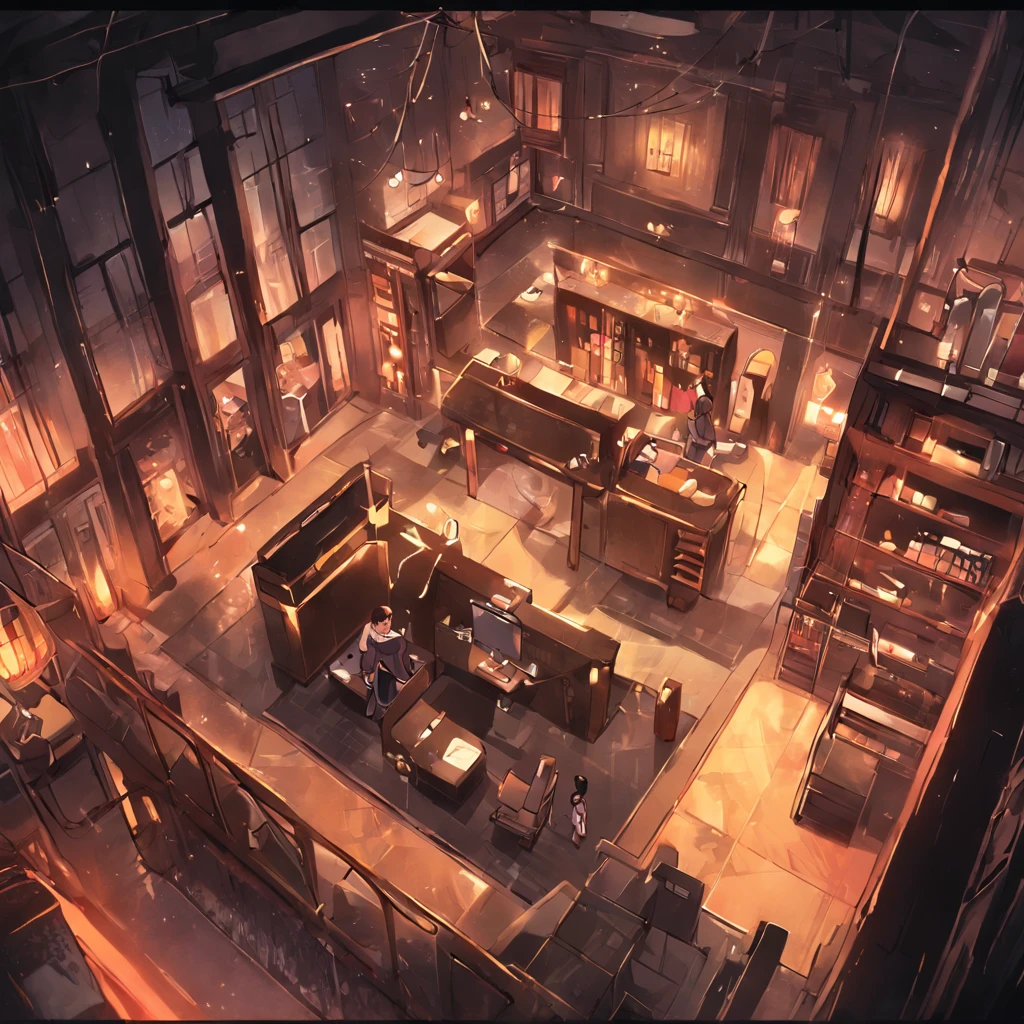 top down view of a office, speakeasy, dark