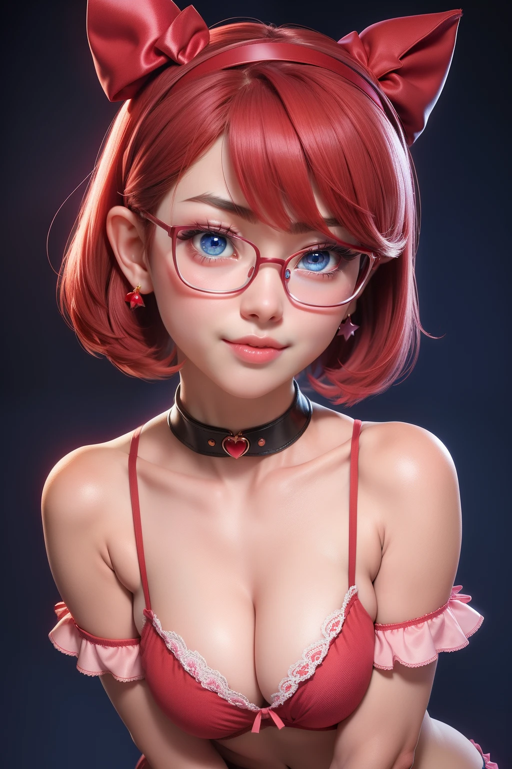 1girl, cute japanese girl, big eyes, sensual face, seductive smile, solo, short hair, erotic underwear, red color bra, detailed flower motive on bra, devil horns headband, collar, collarbone, red sensual lips, off shoulder, perfect round breast, small breast, cleavage, underboobs, erotic, nsfw, glasses, blush, seductive smile, cute face, looking at viewer, sexy pose, blue background, dark red hair, simple background, sexy pose, blue eyes, lips, closed mouth, ribbon, hair ribbon, stellar earings, bangs, upper body, parted bangs, pink ribbon