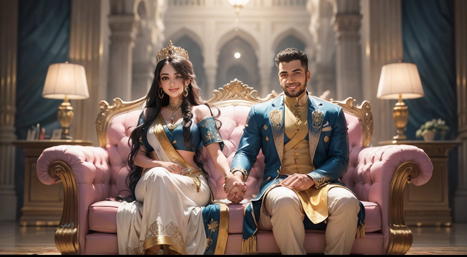 create of an Indian muslim king and queen sitting on a lathe in a palace with white blue and gold walls, The image of the king is a very smiling young man with goatee and blue shirt, foto de perfil headshot, retrato headshot, Macho sorridente, Homem de pele marrom com um sorriso gigante, foto headshot, fotografia headshot, homem sorridente, retrato de closeup headshot, foto de um homem, foto de perfil profissional, south east asian with round face, retrato headshot do personagem, portrait front face reference, halfbody headshot, Professional head shot and queen image equal to photo 3 with pink and long yellow black predraria Indian dress. sitting on the throne holding hands with crowns on their heads in a white and golden palace, com a imagem 1 e 2