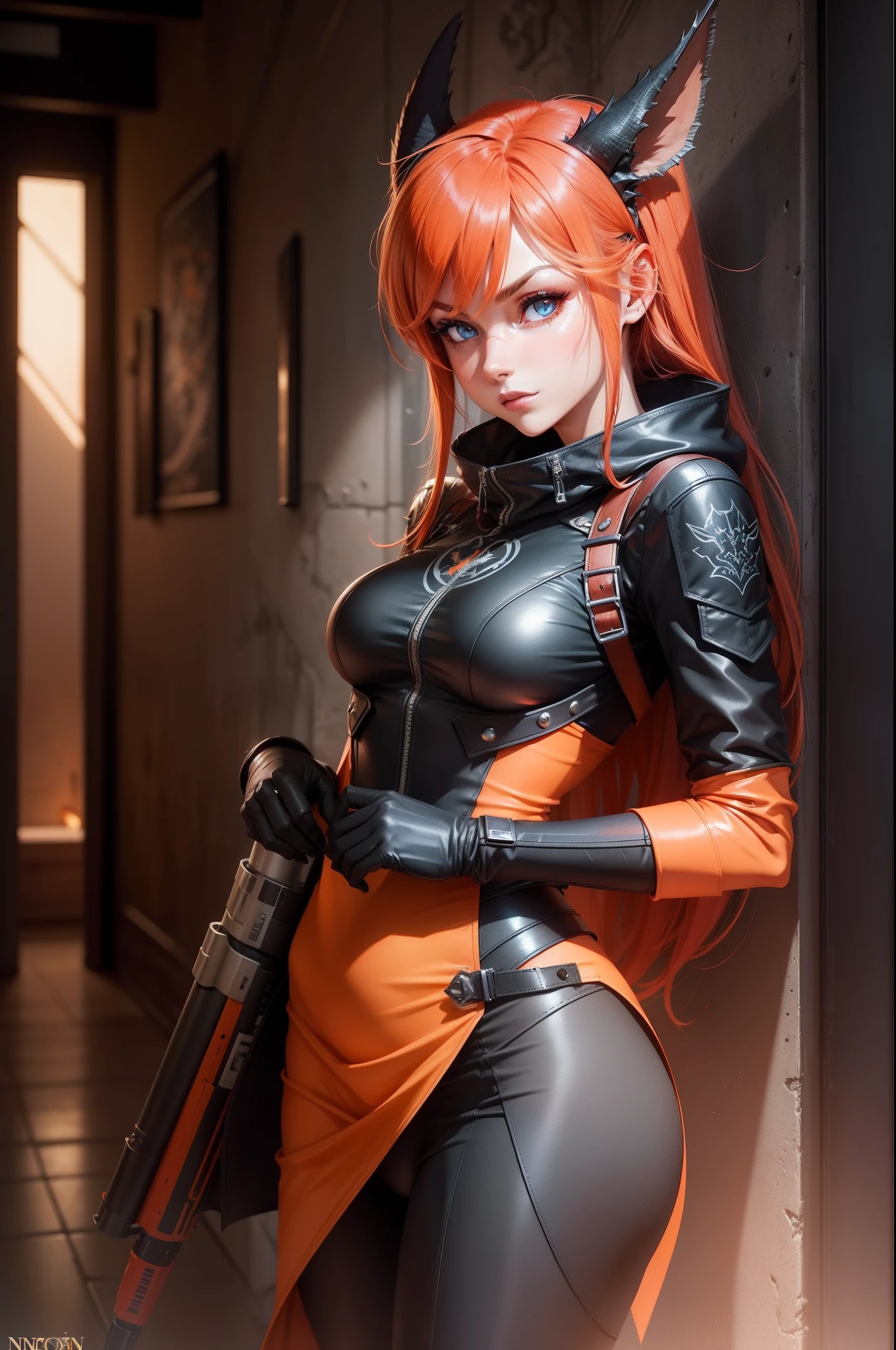 hight resolution , hyperrealistic , Viele Details, Digitale Kunst , Auf der Vorderseite lila-orange Spyro sexy weibliche Anthro Drache Acrador Mindmachine , fursona, mit einem SciFi-Blaster und roten Augen , Hintergrund : Neonlighs und Scifi Hanger mit Raumschiffen , in der Ferne stehen einige schwarz-rote Anthro-Anthro-Schakalsoldaten , Red banners on the walls