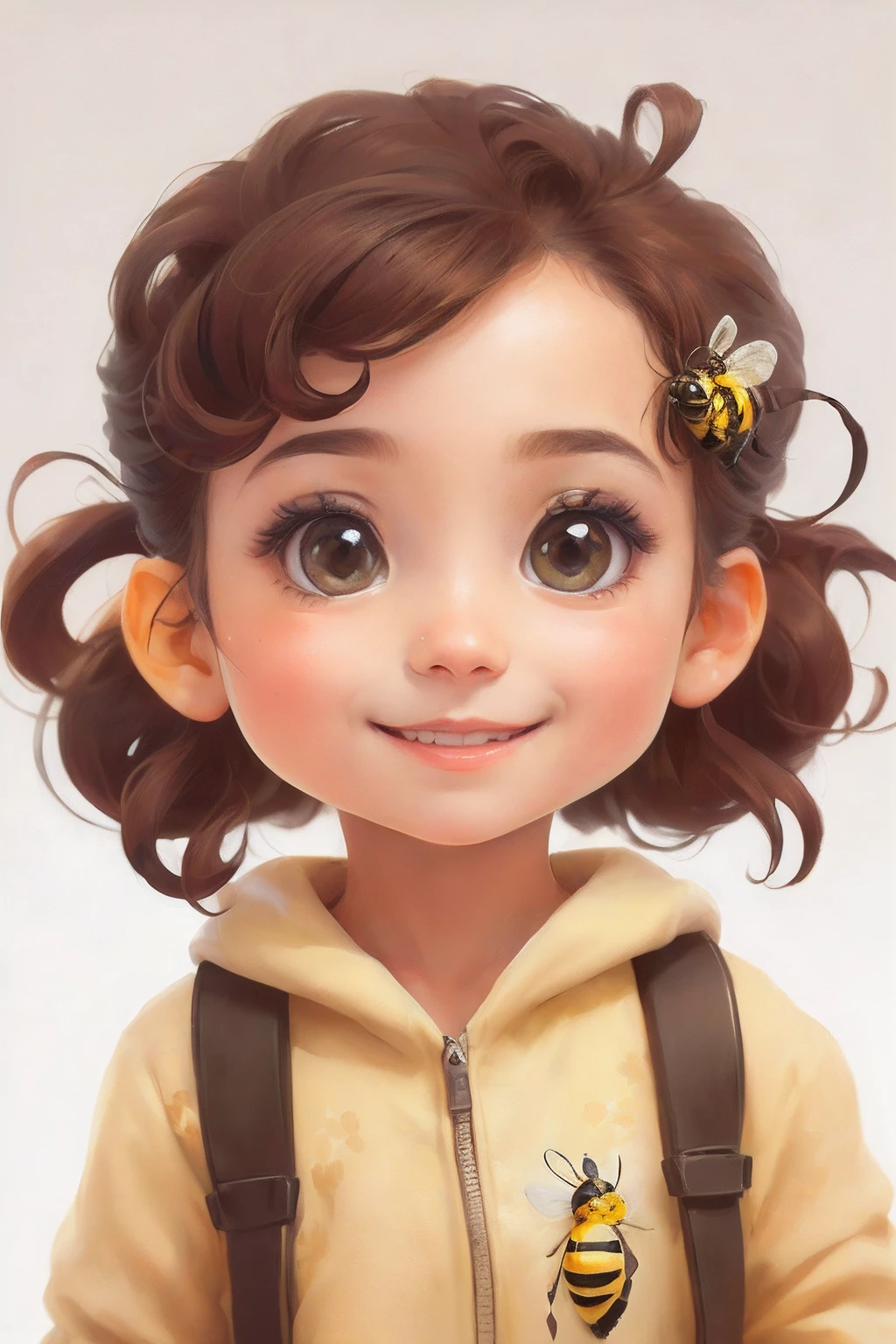 Cartoon girl with a bee on her head, painting digital adorable, kawaii retrato realista, retrato bonito, retrato de personagem de closeup, Arte infantil em Artstation, arte digital detalhada bonito, pintura realista da bonito, personagem bonito, personagem bonito dos desenhos animados, design de personagem retrato, Personagem de close up, arte digital bonito, design de personagem altamente detalhado, retrato do design do personagem, estilo de arte bonito, 🤤 retrato da menina