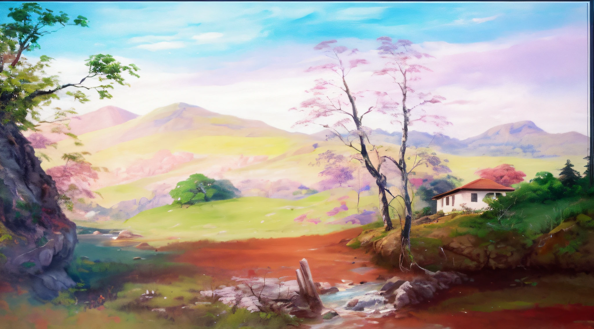pintura de uma casa,com um rio que atravessa um vale verde exuberante com montanhas ao fundo, colinas fluidas, 8k resolution digital painting, 8k resolution digital painting, Pintura digital 4K, Pintura digital 4k, pintura digital detalhada, baixo detalhamento. pintura digital, Pintura Digital de Alto Detalhe, peaceful landscape, rio, trees and hills, pintura detalhada 4K, pintura digital 4k