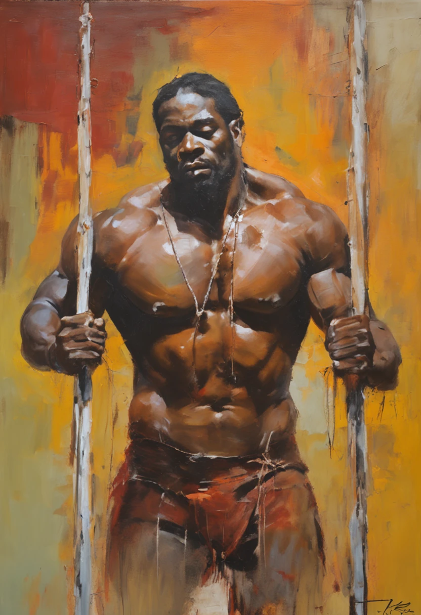 A naked long-haired blond muscle god is chained to a heavy wooden beam with his hands up and is beaten with an iron rod by a dark-skinned muscular god, in einem Burghof, Er hat riesige Brustmuskeln, riesige Wadenmusklen, exaggeratedly muscular, masculine, schwere Eisenketten, (fotorealistisch:1.25), (highest quality), awards winning, Meisterwerk:1.45),