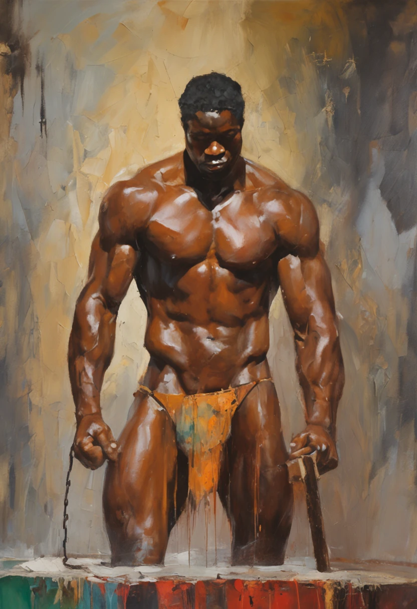 A naked long-haired blond muscle god is chained to a heavy wooden beam with his hands up and is beaten with an iron rod by a dark-skinned muscular god, in einem Burghof, Er hat riesige Brustmuskeln, riesige Wadenmusklen, exaggeratedly muscular, masculine, schwere Eisenketten, (fotorealistisch:1.25), (highest  quality), awards winning, Meisterwerk:1.45),