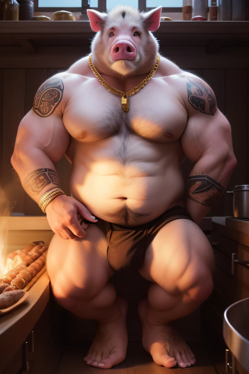 solo, male, (Fat), (male den Pig): 1.3, light pink body, white belly, big feet. showing off feet, sole of foot. Detailed Foot, (lying in Cradle): 1,3, detailed eyes, tattoo. Gold chain. Sadomasochistic piece. chains. Tattoo. pig tail, bulge, （anatomically correct: 1, 7）, penile erection, bullet, Dream background,LOTUS POSITION,Light pink color, in the kitchen, butcher shop, cutting meat. knife in hand. barbecue, Flying Golden Sanskrit, goodness, thickness, magnificent meat background, octane rendering, Beautiful features, Delicate room. ,intricate fur,Detailed face,Furry skin texture,Extremely high detail,Full body view,Cinematic lighting,Pro lighting,Centered, looking at camera in,8k,Shooting with Hasselblad X1D-50, Max focus, Depth of field, perfect lighting, (best quality),(master part),(ultra detailed),sharp focus,Light particle muscles, big fat male, bullet, mature male, shirtless, swollen nipple, big balls ,( penile erection ： 1.7)，A masterpiece of veined skin，Pig's tail，Show belly，Extremely detailed，(ultra-detailed, perspective:1.0), depth of field，Perfect lighting，Atmospheric, hyper photorealism, hyper HD, Detailed background, Scenic, Author: Rembrandt, Direction: Pino Daeni, Snosco Report, E621, NSFW, (Wide Dynamic Range, HDR), Full Body View,