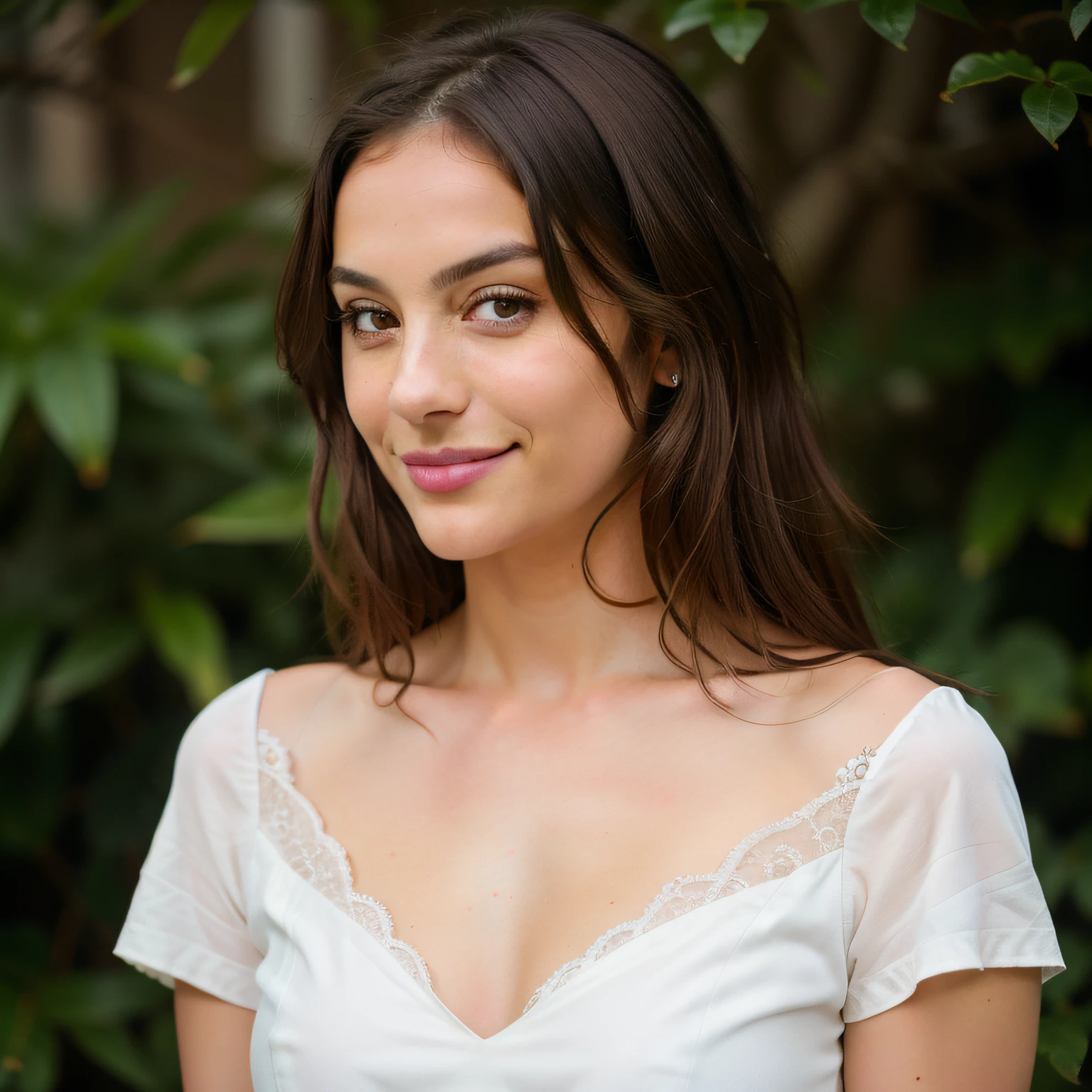 cute beautiful brunette, wearing a white laced top ,full body, perfect angle, very detailed, 32 years old, flirty face, shy smile, looking to the right, messy long hair, brown eyes, high-res, masterpiece, best quality, intricate details, highly detailed,sharp focus, detailed skin,realistic skin texture,texture, detailed eyes, professional, 4k, smile, shot on Canon, 85mm,shallow depth of field,kodak vision color, eyeshadow, extremely detailed, photo_\(ultra\), photorealistic, realistic, post-processing, max detail, roughness, real life, ultra realistic, photorealism, photography, 8k uhd, photography, braless, pokies
