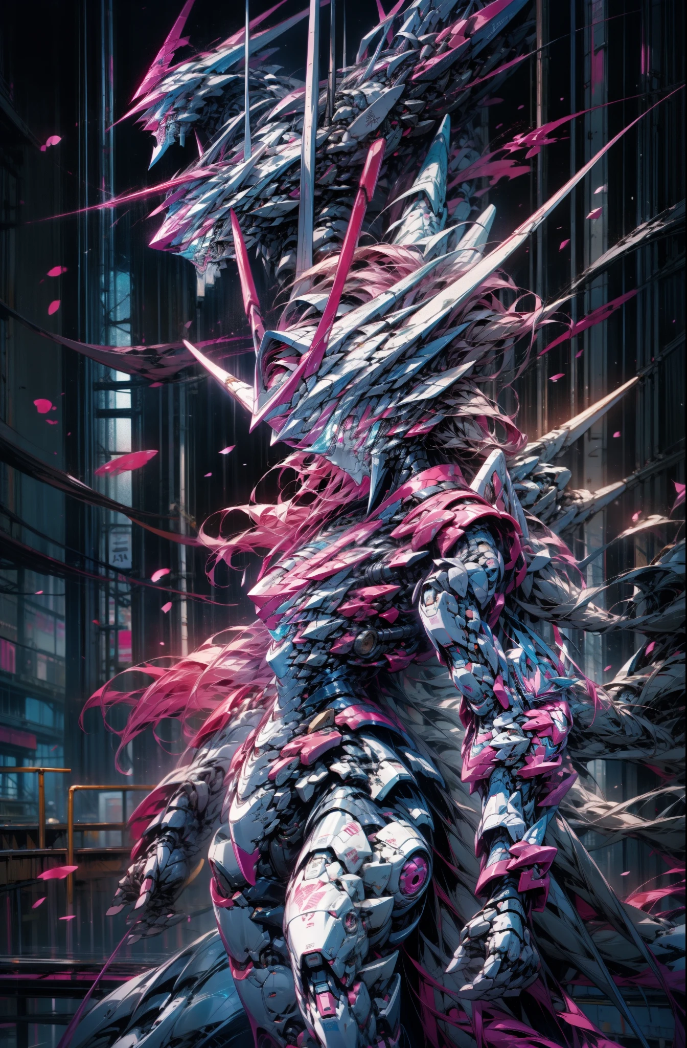 Chinese-style mechs stand next to tall buildings，Pink Long Hair，01，High-quality textures，style of anime，Ultra-clear，8K分辨率，Holding a long knife in one hand，in Pink and white，Use shadows to correct raycasts，Ultra-clear，8K分辨率