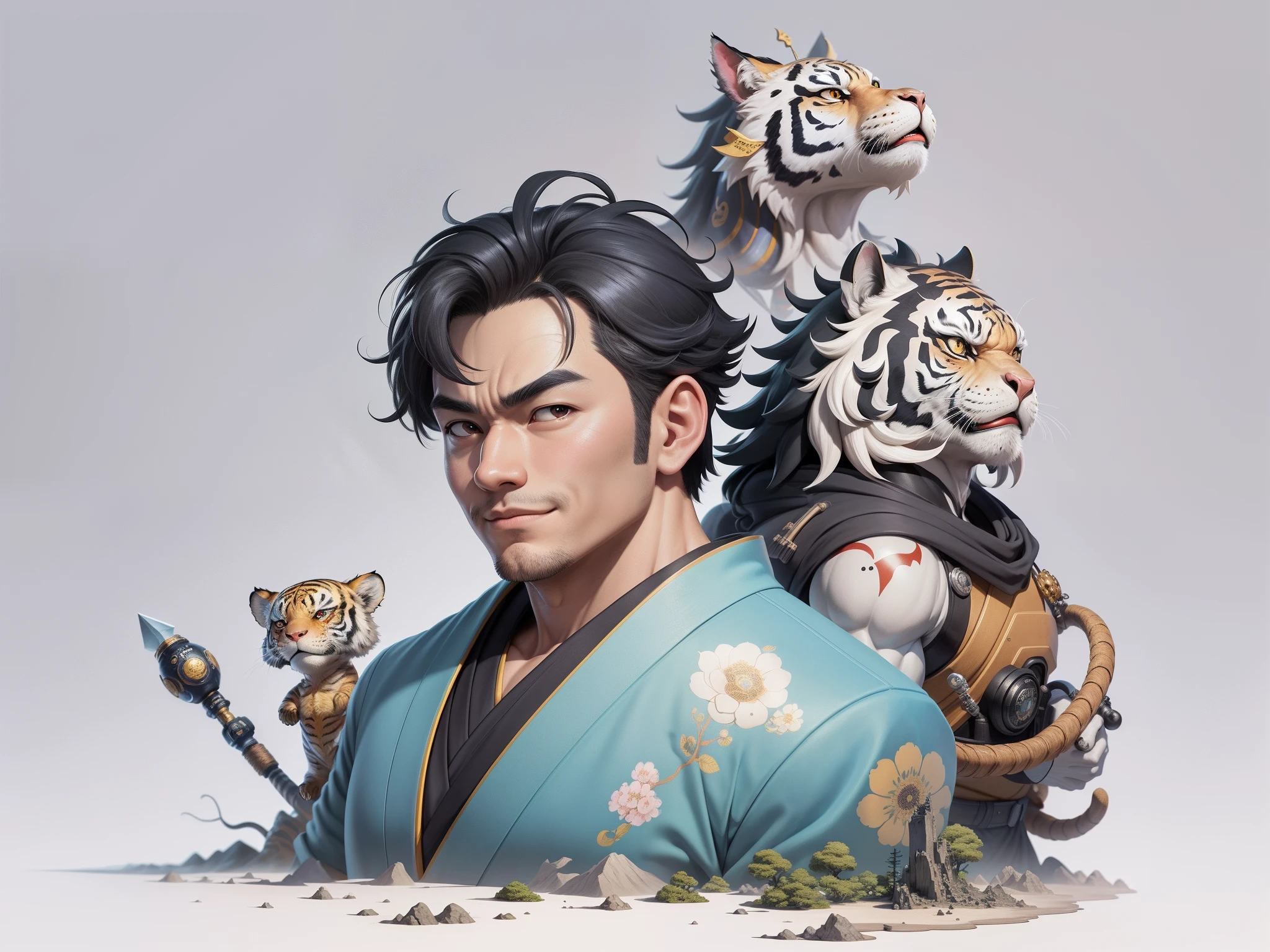 (Masterpiece), (Excellent), (Super Meticulous), (Full Body: 1.2), Super Young Man, Oriental Face, Japanese Kimono, Japanese Wind Thunder God, Dragon, Tiger, TV Anchor, Bust Portrait Illustration, Alone, Black Suit, Blue Tie, Slightly Chubby Face, Very Clean Face, No Beard, Black Super Short Hair, Black Eyes, Confident Smile, 3c Computer Sub-Products, iPad, iPhone, Digital Painting, 3D Character Design by Akira Toriyama and Mark Claireden and Pixar and Hayao Miyazaki, The illustration is a high-definition illustration in 4K resolution with very detailed facial features and cartoon-style visuals.
