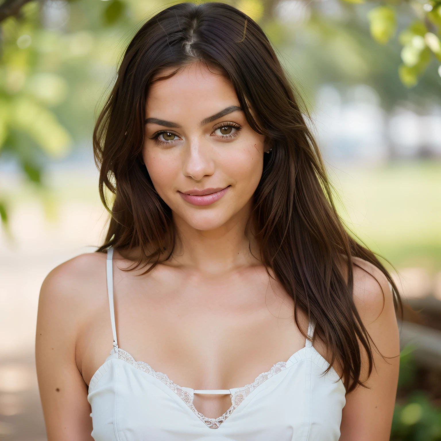 cute beautiful brunette, wearing a white laced top ,full body, perfect angle, very detailed, 32 years old, flirty face, shy smile, looking to the right, messy long hair, brown eyes, high-res, masterpiece, best quality, intricate details, highly detailed,sharp focus, detailed skin,realistic skin texture,texture, detailed eyes, professional, 4k, smile, shot on Canon, 85mm,shallow depth of field,kodak vision color, eyeshadow, extremely detailed, photo_\(ultra\), photorealistic, realistic, post-processing, max detail, roughness, real life, ultra realistic, photorealism, photography, 8k uhd, photography, braless, pokies