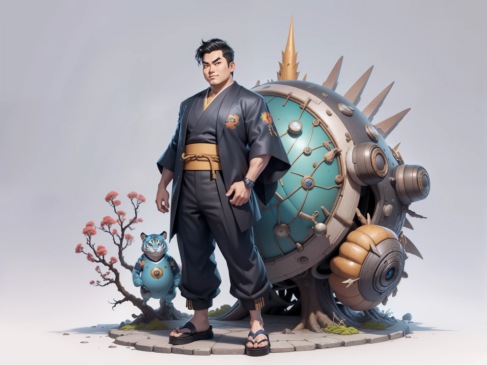 (Masterpiece), (Excellent), (Super Meticulous), (Full Body: 1.2), Super Young Man, Oriental Face, Japanese Kimono, Japanese Wind Thunder God, Dragon, Tiger, TV Anchor, Bust Portrait Illustration, Alone, Black Suit, Blue Tie, Slightly Chubby Face, Very Clean Face, No Beard, Black Super Short Hair, Black Eyes, Confident Smile, 3c Computer Sub-Products, iPad, iPhone, Digital Painting, 3D Character Design by Akira Toriyama and Mark Claireden and Pixar and Hayao Miyazaki, The illustration is a high-definition illustration in 4K resolution with very detailed facial features and cartoon-style visuals.