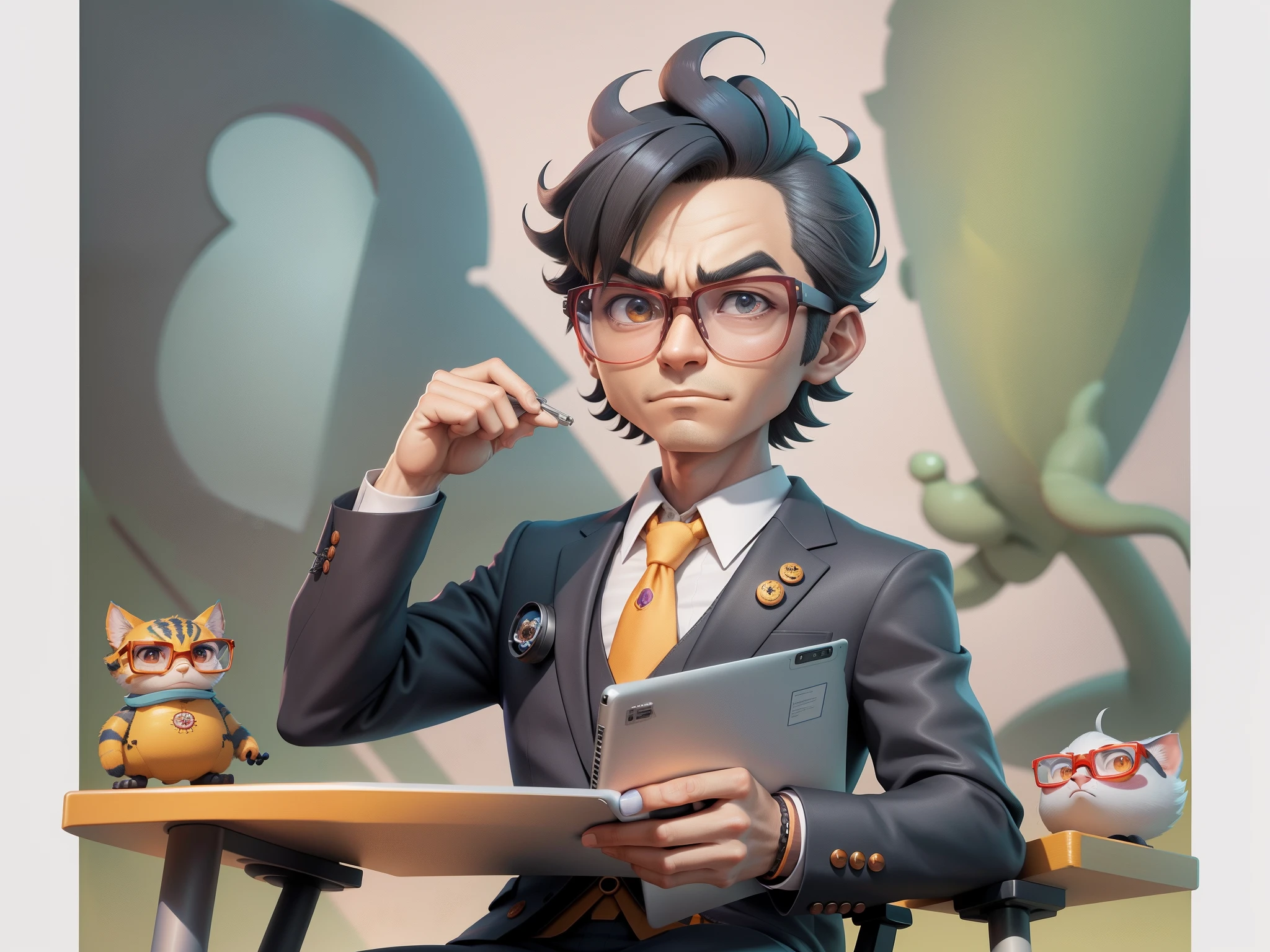 A young man in a suit, Short hair and glasses sat at his desk，holding laptop，digitial painting，tigre，3D character design by Mark Clairen and Pixar and Hayao Miyazaki and Akira Toriyama，4K HD illustration，Very detailed facial features and cartoon-style visuals。