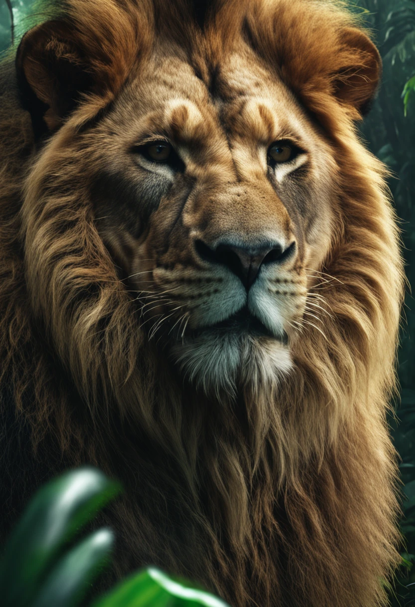 High nation-geographic symmetrical close-up portrait shoot in green jungle of an expressive lion, anamorphic lens, ultra-realistic, hyper-detailed, green-core, jungle-core –ar 16:9 –q 2 –v 5