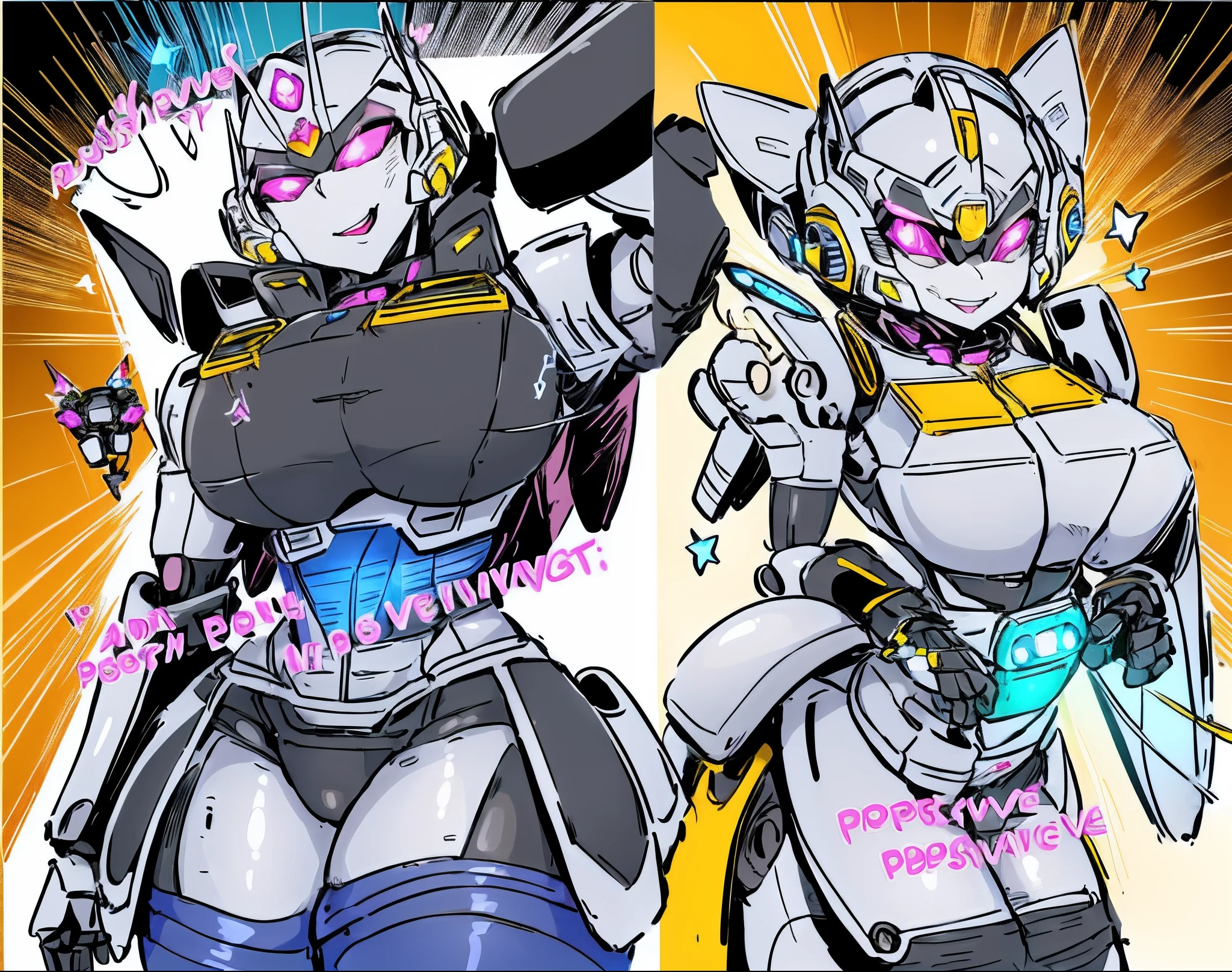 (NSFW:0.8), ((masterpiece)), best quality, a cartoon anime style, toonish style, (1girl, character sheet:1.4), front view, side view, back view, (feminine figure, butt, pretty, beautiful, sexy), reimagine a female mecha space ranger soldier character with a strong and heroic appearance, (futuristic armor suit:1.5), (different expressions:2), (energy sword on hip:1.3). Use the color scheme of metallic pink and white for her armor suit. Emphasize the dynamic pose and the presence of her being in galaxies and stars in the to enhance the sense of her space adventure.