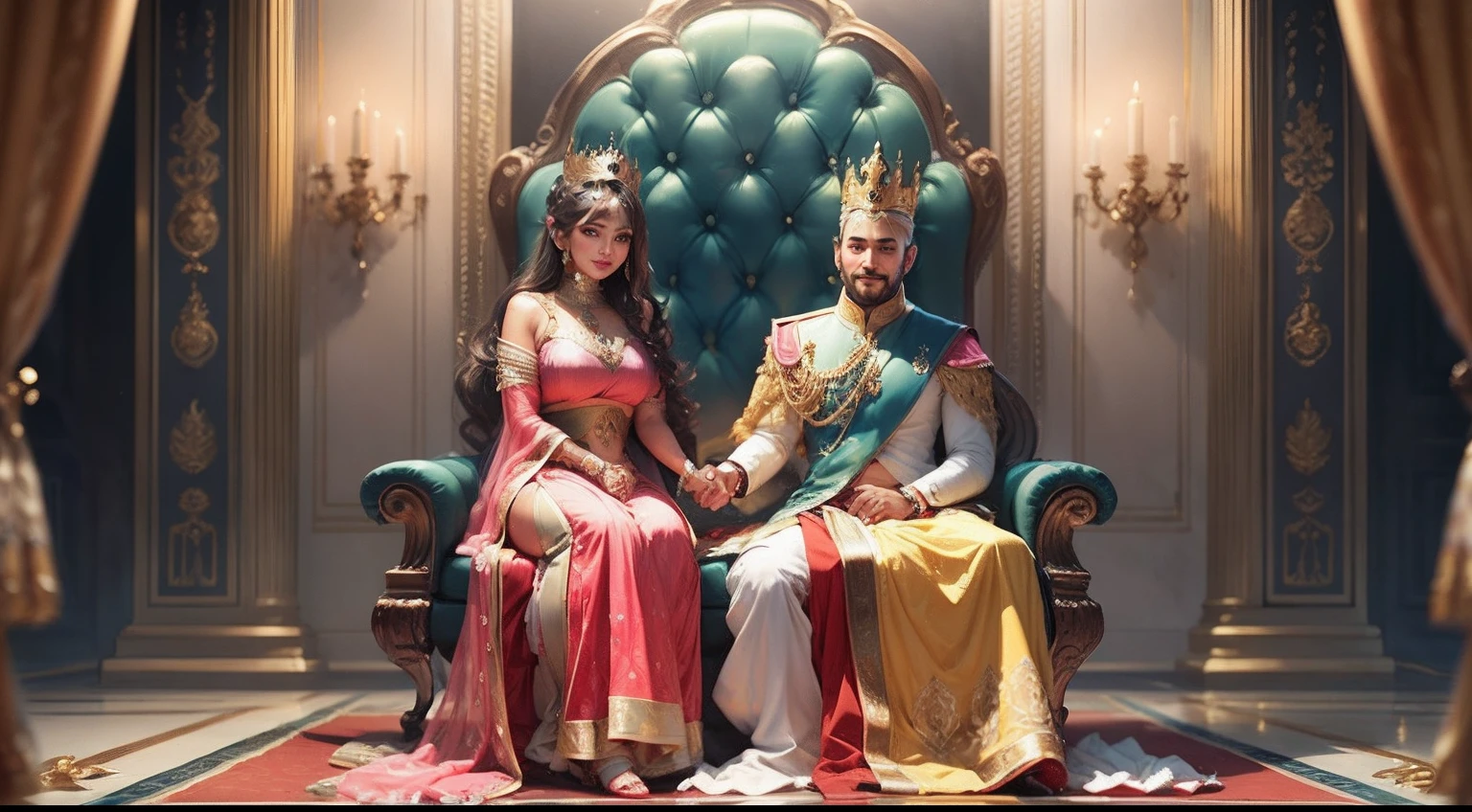 create of an Indian muslim king and queen sitting on a lathe in a palace with white blue and gold walls, The image of the king is a very smiling young man with goatee and blue shirt, foto de perfil headshot, retrato headshot, Macho sorridente, Homem de pele marrom com um sorriso gigante, foto headshot, fotografia headshot, homem sorridente, retrato de closeup headshot, foto de um homem, foto de perfil profissional, south east asian with round face, retrato headshot do personagem, portrait front face reference, halfbody headshot, Professional head shot and queen image equal to photo 3 with pink and long yellow black predraria Indian dress. sitting on the throne holding hands with crowns on their heads in a white and golden palace, com a imagem 1 e 2