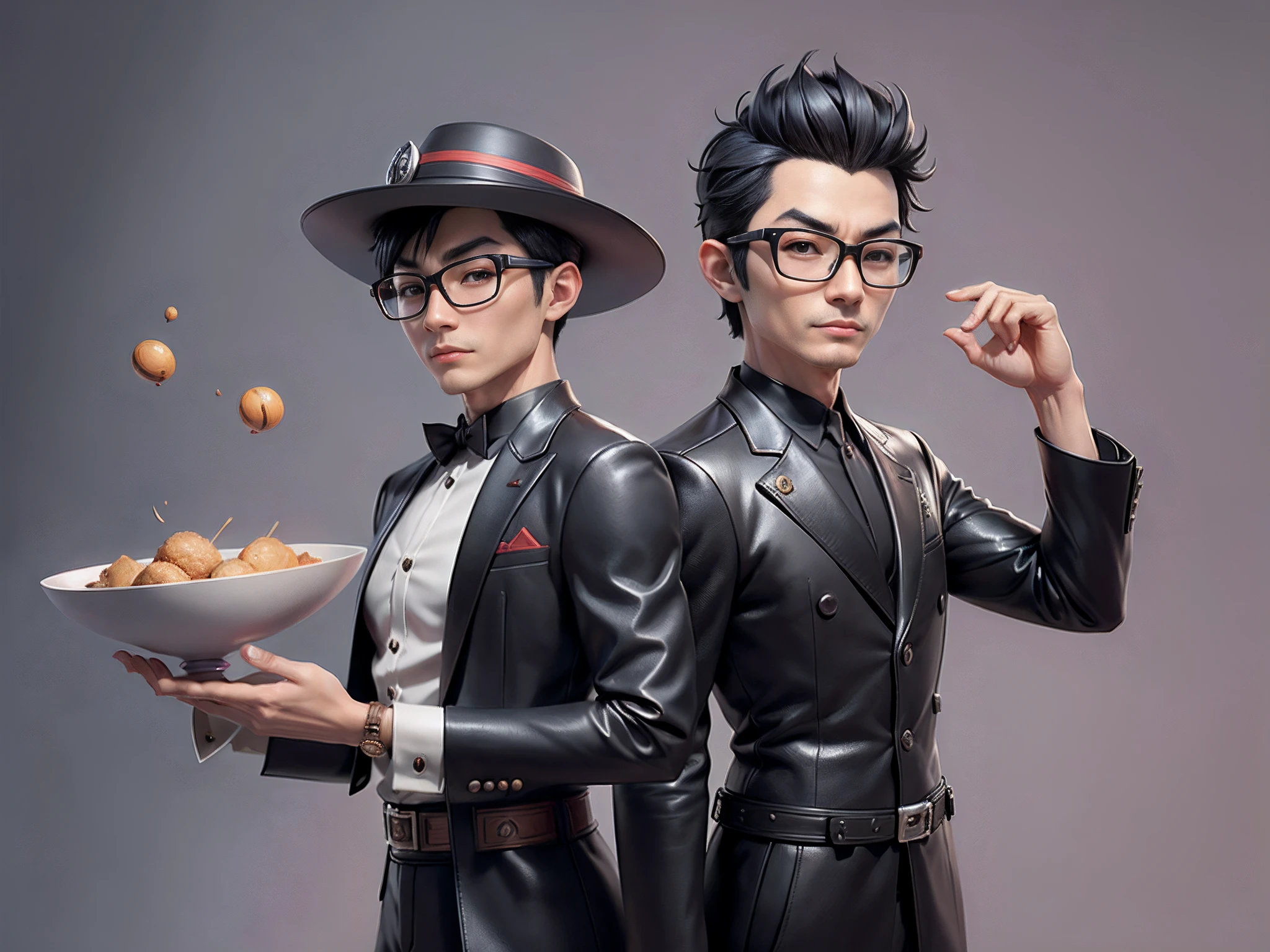 Young man with oriental face in leather hat, tiger, oriental face in formal suit, short black hair, silver glasses, digital painting, 3D character design by Mark Clairedon and Pixar and Hayao Miyazaki and Akira Toriyama, the illustration is a high-definition illustration in 4K resolution with very detailed facial features and cartoon-style visuals.