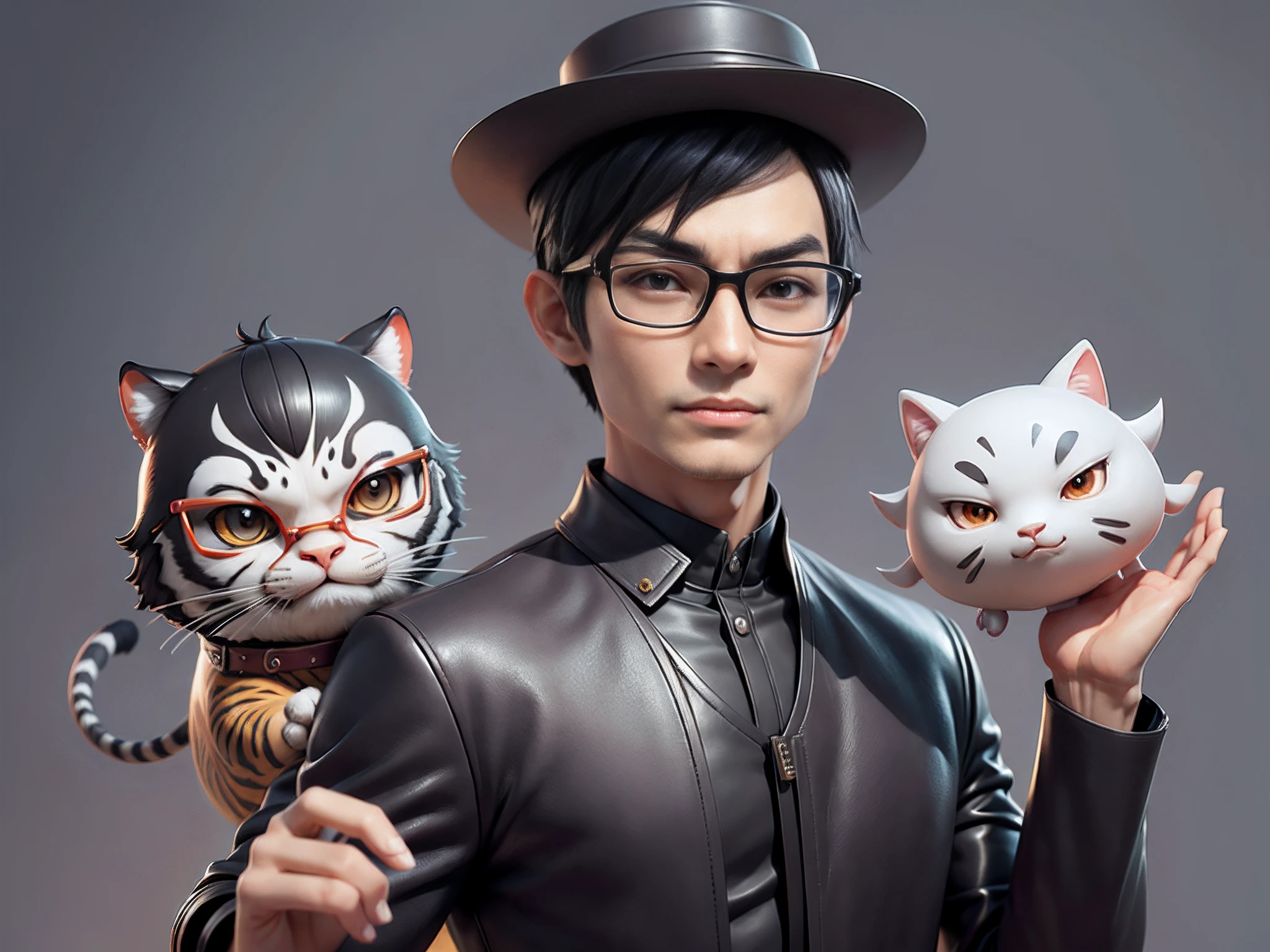 Young man with oriental face in leather hat, tiger, oriental face in formal suit, short black hair, silver glasses, digital painting, 3D character design by Mark Clairedon and Pixar and Hayao Miyazaki and Akira Toriyama, the illustration is a high-definition illustration in 4K resolution with very detailed facial features and cartoon-style visuals.