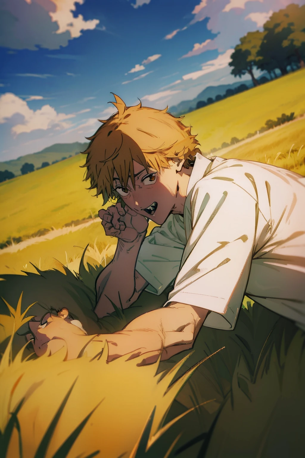 denji com expressao de tedio em um campo aberto