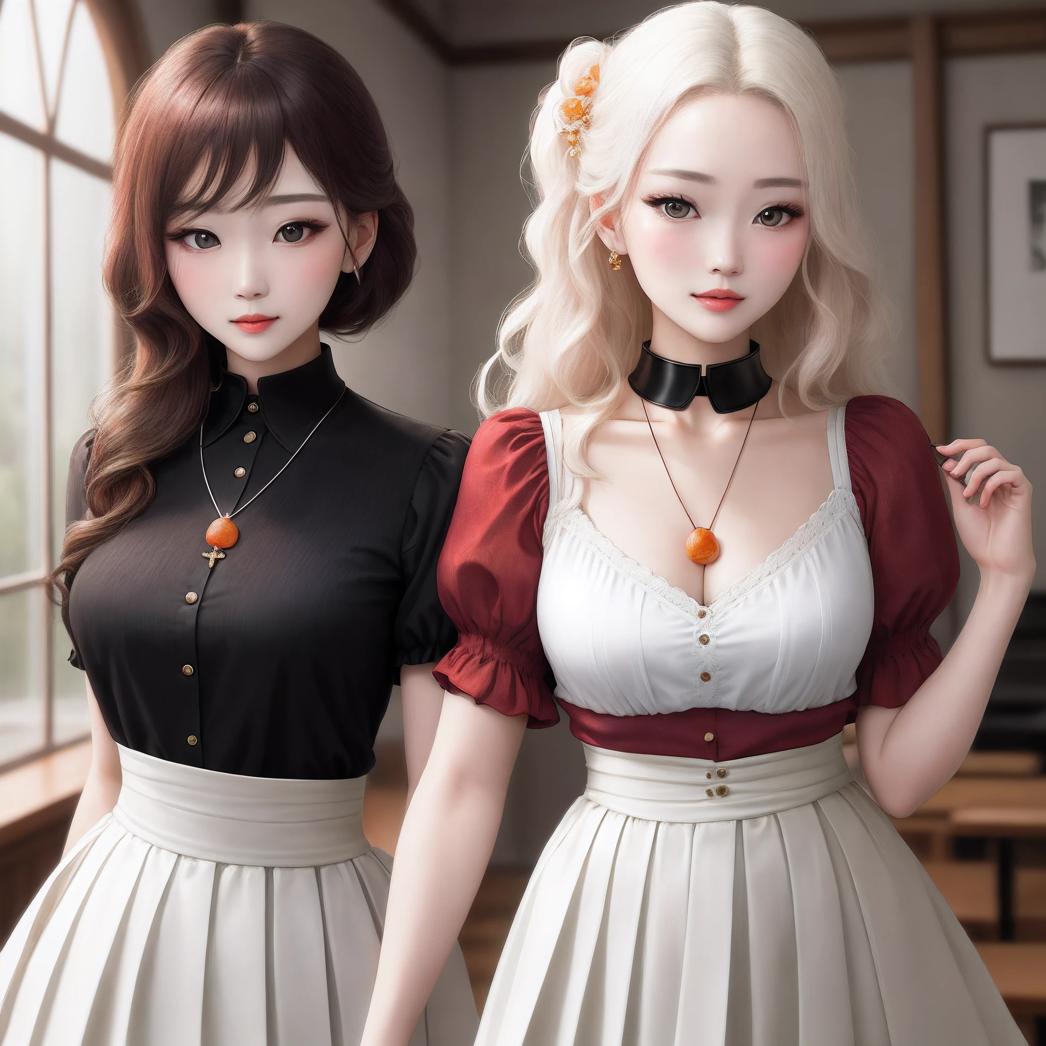 The woman wears a waist-length skirt，The upper body is dark red collar
Shirts，Wrapped in a heavy chest，The waist pole is just right
Benefits tie the waist，Pendant with pressed skirt beads，Skirts are
It is a pale white pleated skirt;Eyes like apricots，Lips lit with vermilion
rouge，With an intellectual temperament，Beautiful without losing stability
ripe。