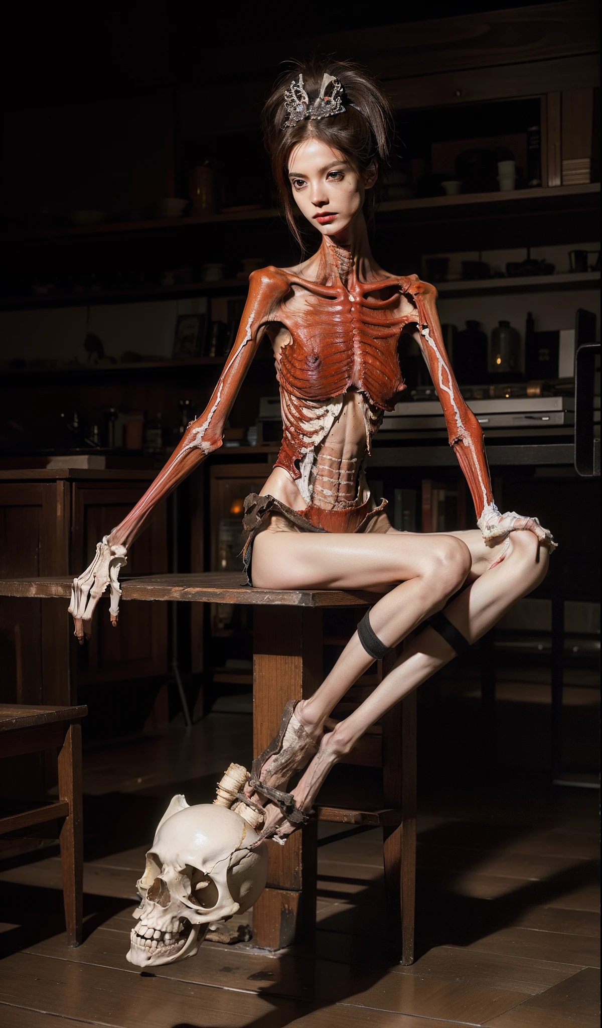 Skinny,emaciated,the ribs,innominate bone,pelvic bone,skeleton,hunger,femele,big breasts thin waist,Thin leg,Malnutrition