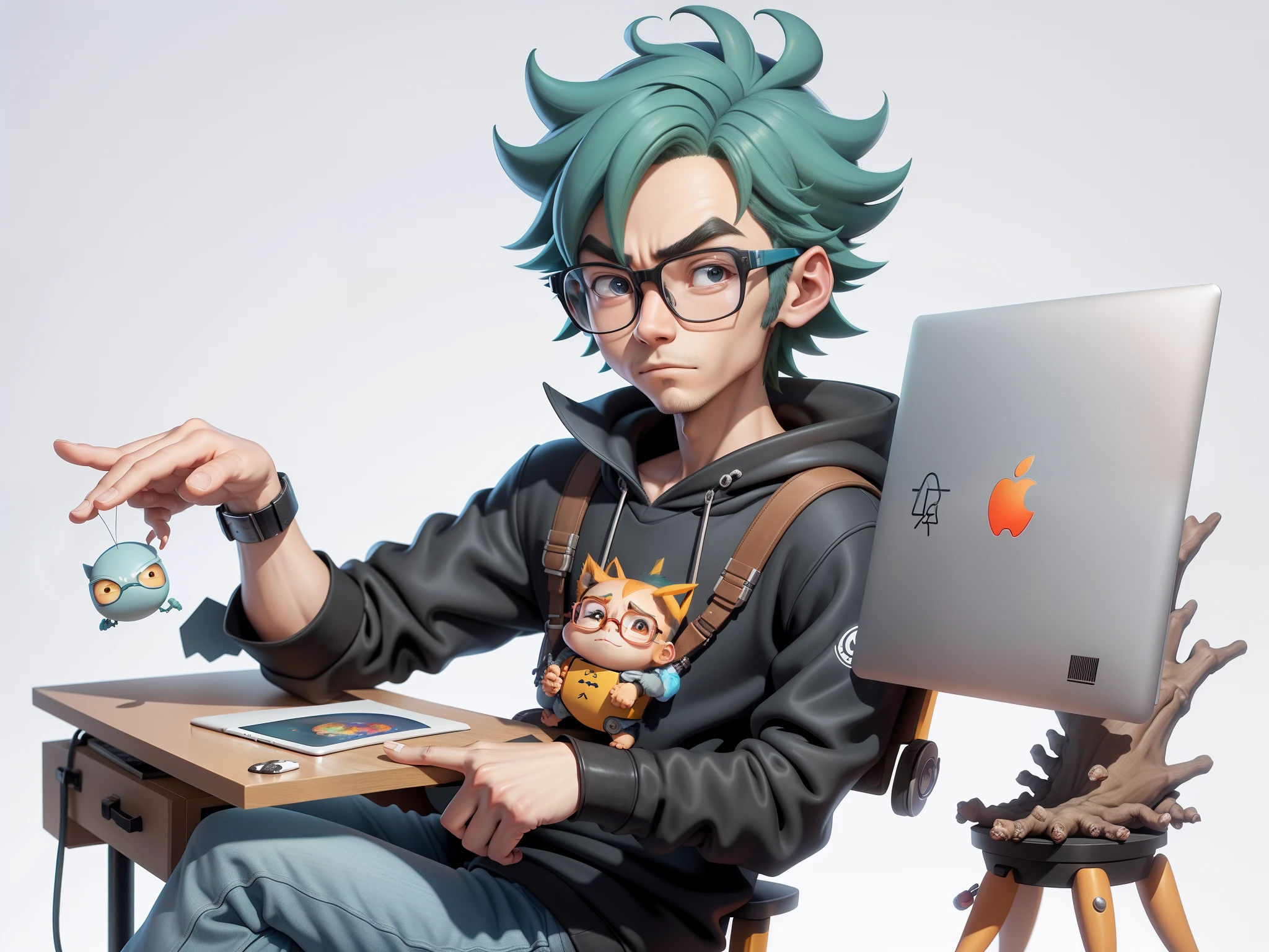 A young man with glasses sits at his desk,holding laptop,digitial painting,3D character design by Mark Clairen and Pixar and Hayao Miyazaki and Akira Toriyama,4K HD illustration,Very detailed facial features and cartoon-style visuals。