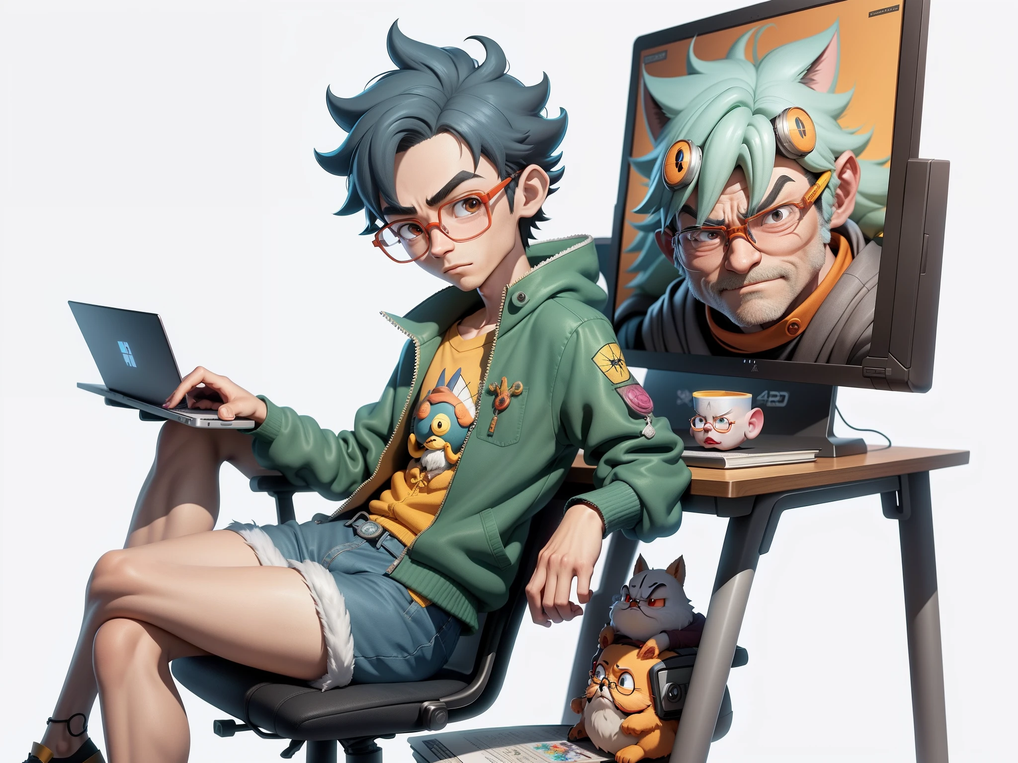 A young man with glasses sits at his desk，holding laptop，digitial painting，3D character design by Mark Clairen and Pixar and Hayao Miyazaki and Akira Toriyama，4K HD illustration，Very detailed facial features and cartoon-style visuals。