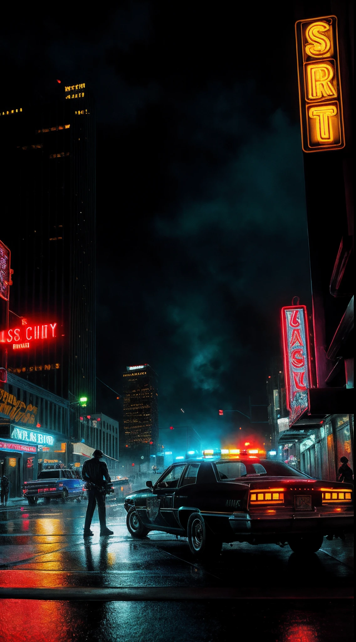 "A highly detailed and ultra realistic 8k painting depicting a noir bank heist in the background scene of Los Angeles. The concept art showcases a sci-fi atmosphere with neon lights and rain. The artwork focuses on guns and firearms used during the robbery, with an added intensity created by a burning police car."