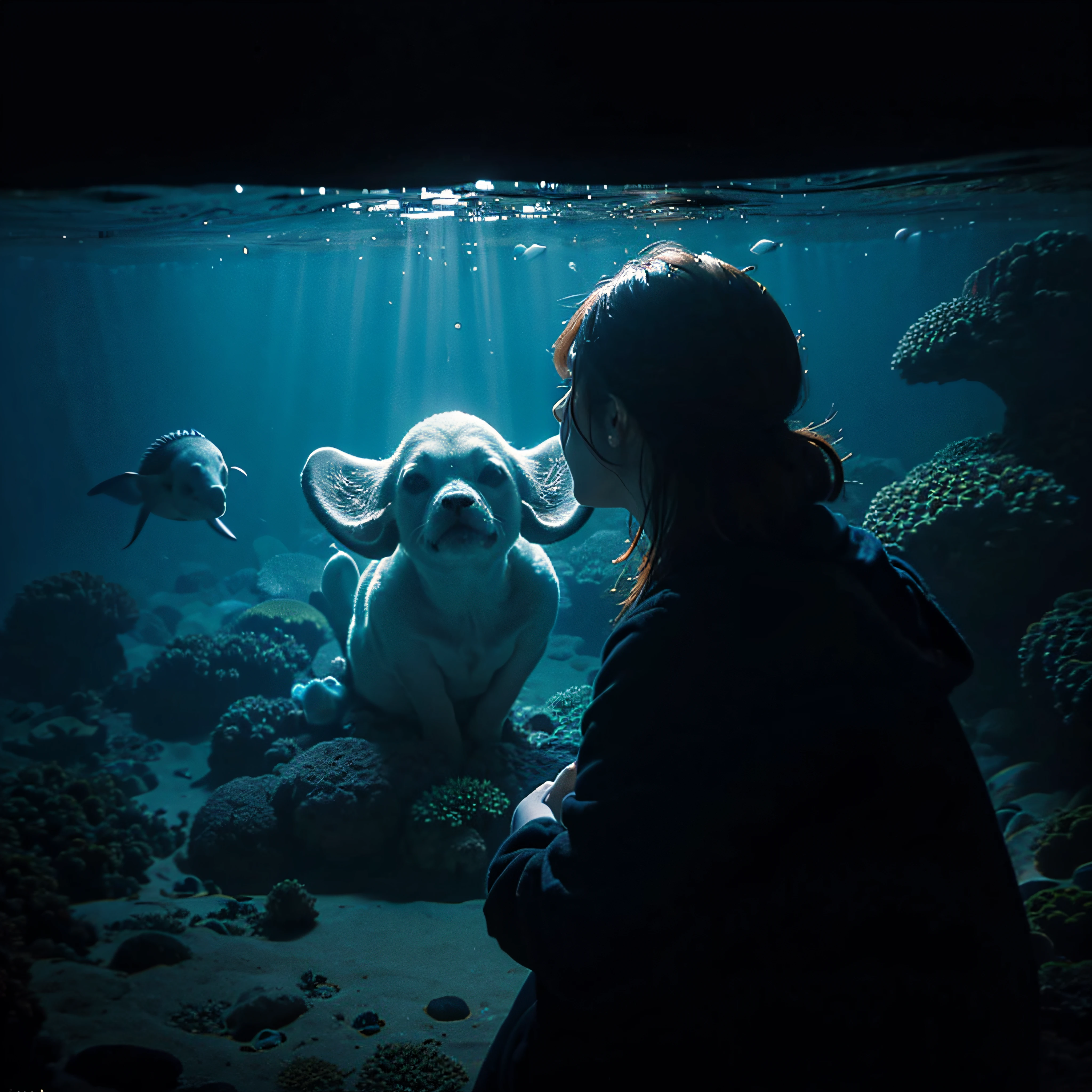 (extremadamente detallado, obra maestra, La mejor calidad, Under the Ocean), Estilo oscuro, volumetric illumination. textura de babosa, piel de caracol. manchas de tinta. Rococo composition. Luz de caravaggio