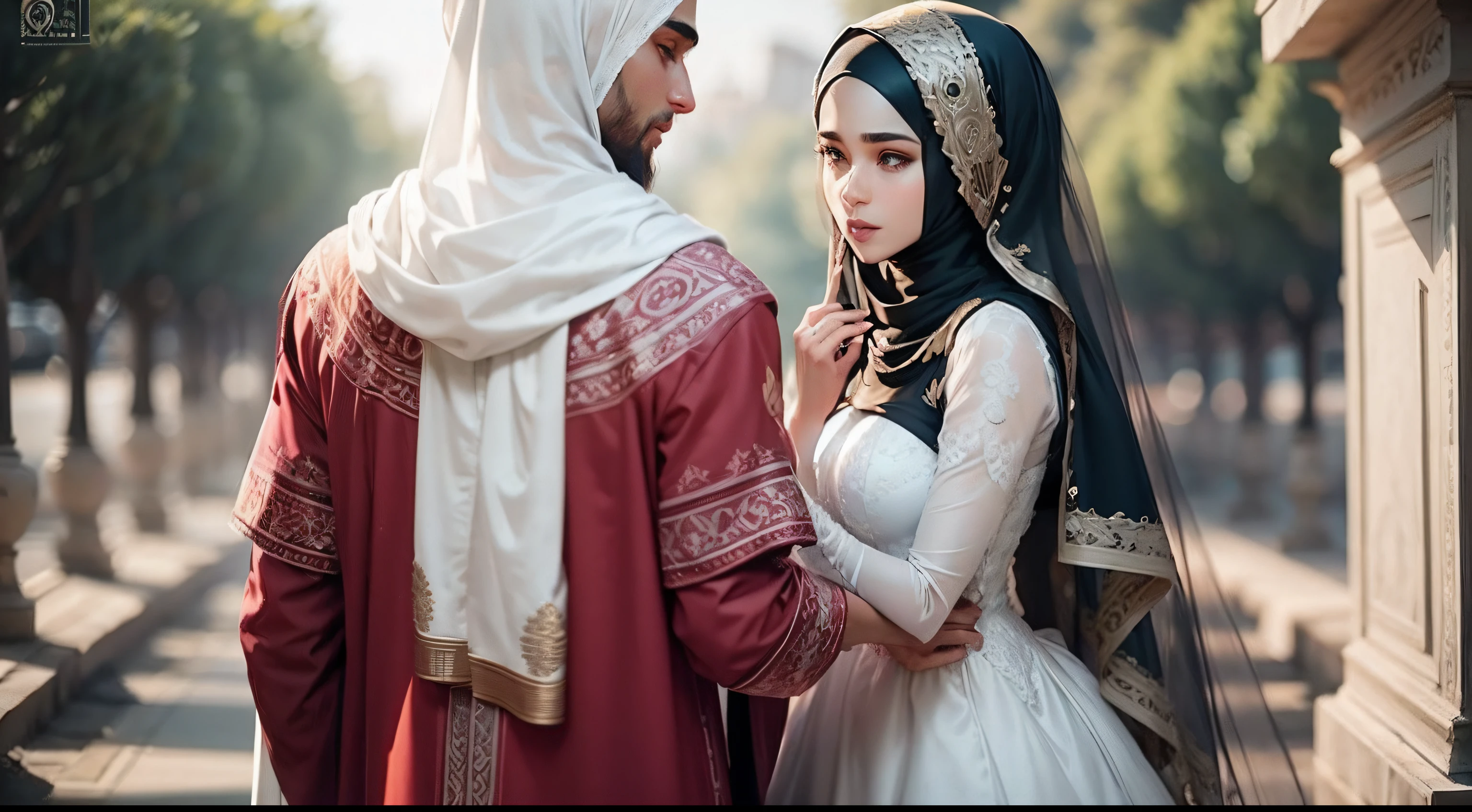Young muslim man and woman wear wedding dress man wear mosque cap and woman wear hijap