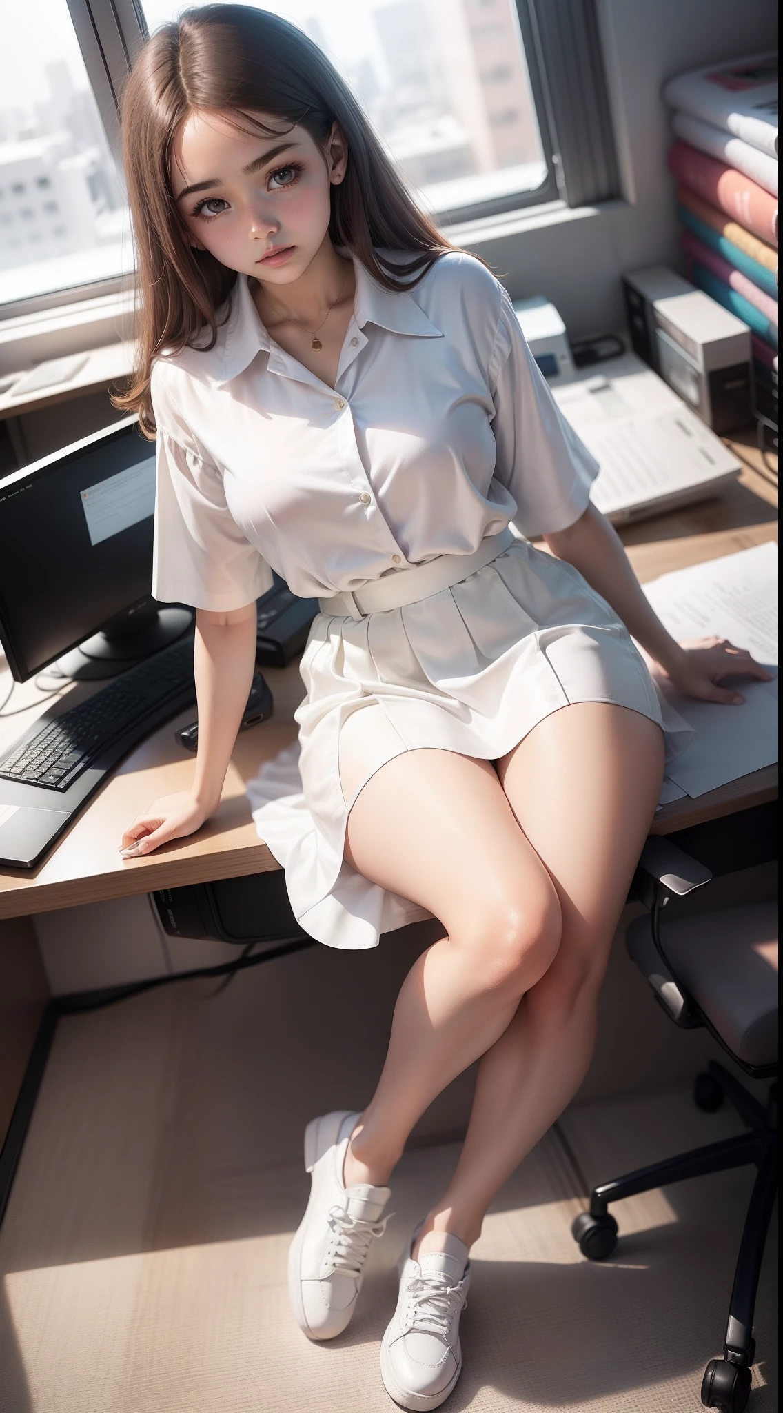 An office girl，13 year old，realisticlying，and she wore white silk，Wear low-top shoes，brown  hair