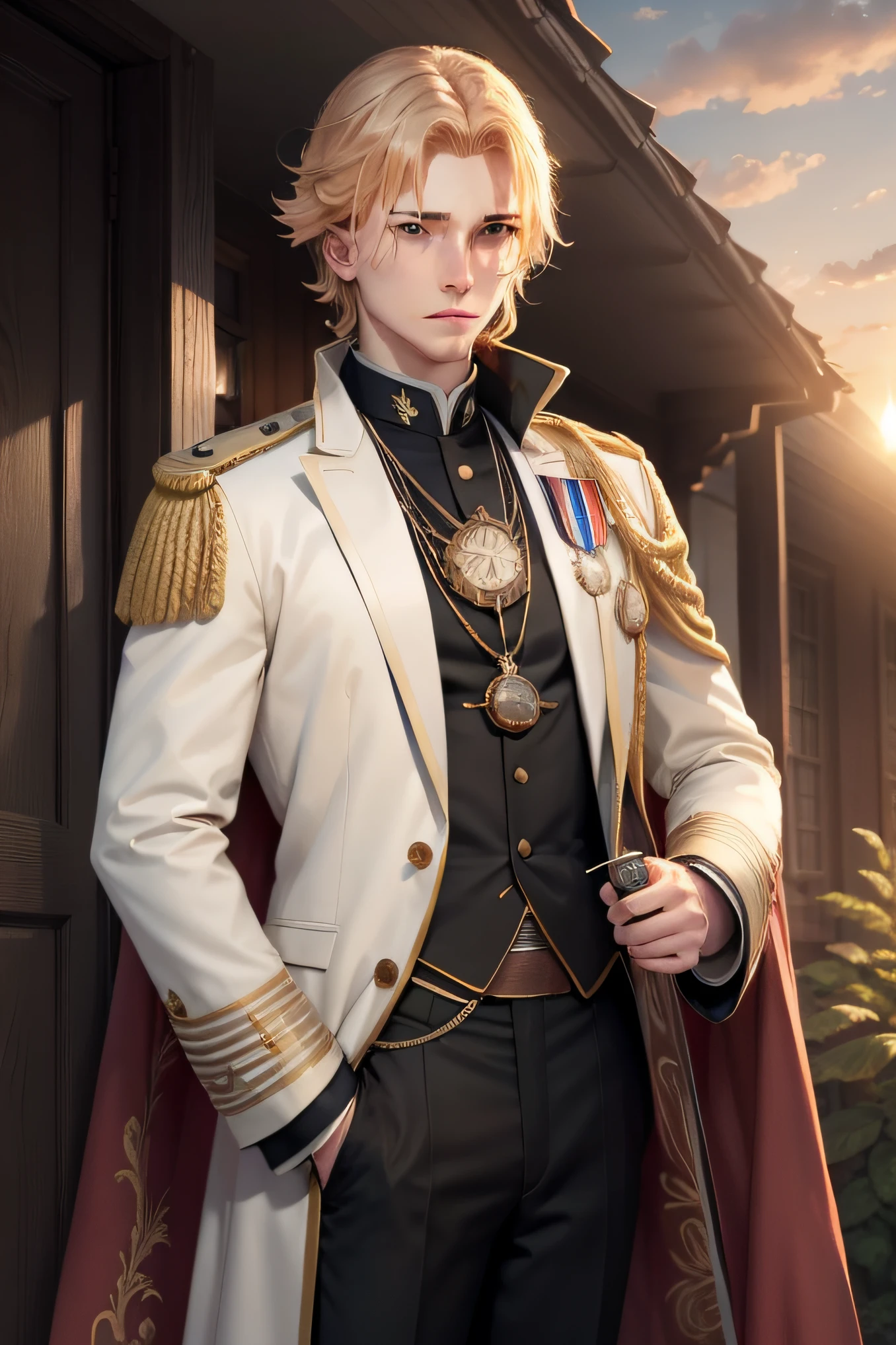 Sunset, young man, holding a pocket watch with a dignified expression, looking at the sky, golden hair, marshal's uniform, medals, burning clouds, cloak, detailed