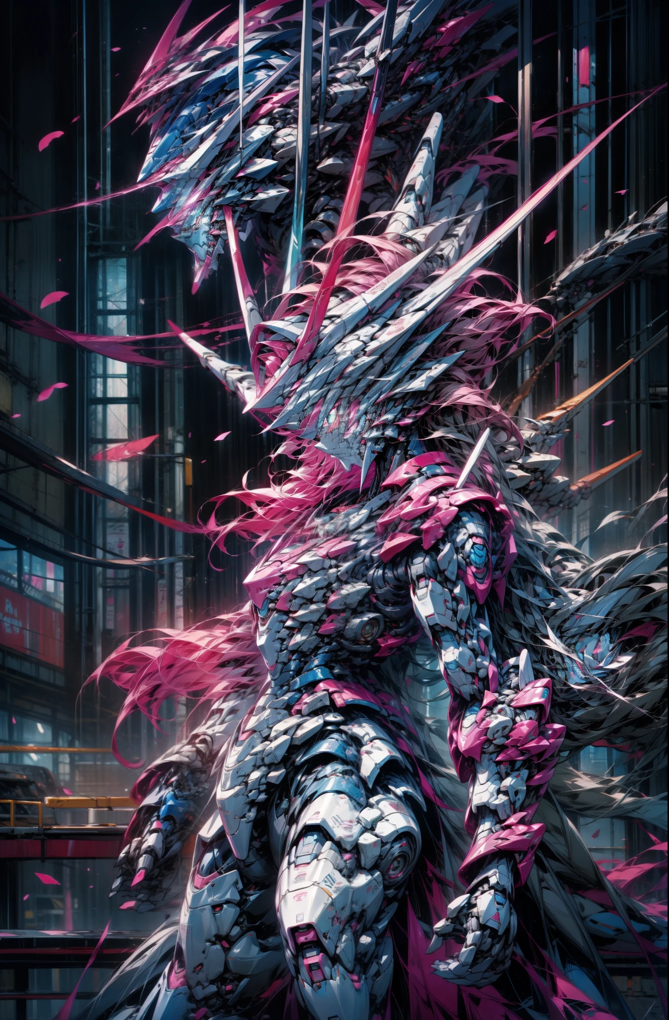 Chinese-style mechs stand next to tall buildings,Pink Long Hair,01,High-quality textures,style of anime,Ultra-clear,8K分辨率,Holding a long knife in one hand,in Pink and white,Use shadows to correct raycasts,Ultra-clear,8K分辨率