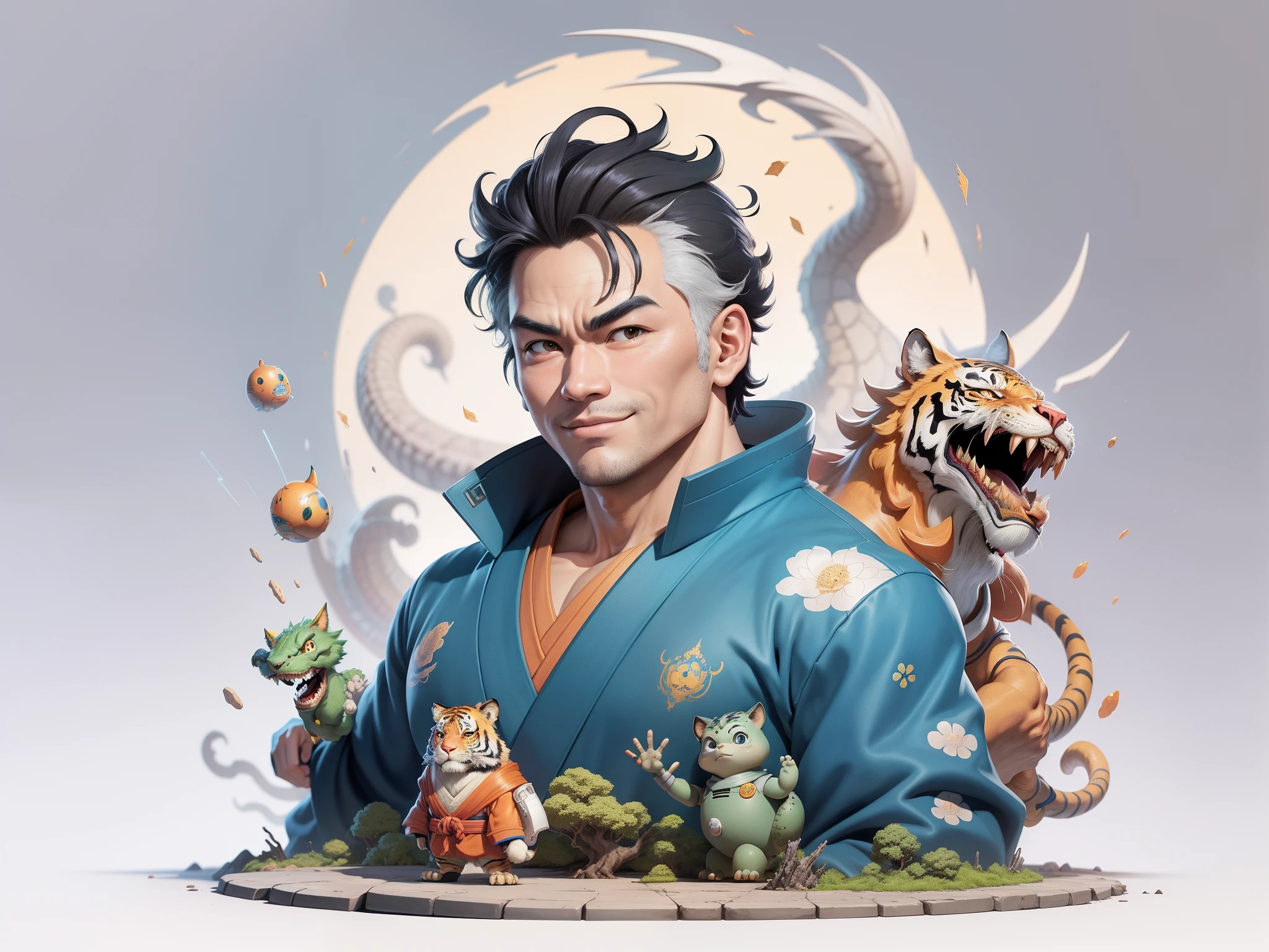 (Masterpiece), (Excellent), (Super Meticulous), (Full Body: 1.2), Super Young Man, Oriental Face, Japanese Kimono, Japanese Wind Thunder God, Dragon, Tiger, TV Anchor, Bust Portrait Illustration, Alone, Black Suit, Blue Tie, Slightly Chubby Face, Very Clean Face, No Beard, Black Super Short Hair, Black Eyes, Confident Smile, 3c Computer Sub-Products, iPad, iPhone, Digital Painting, 3D Character Design by Akira Toriyama and Mark Claireden and Pixar and Hayao Miyazaki, The illustration is a high-definition illustration in 4K resolution with very detailed facial features and cartoon-style visuals.