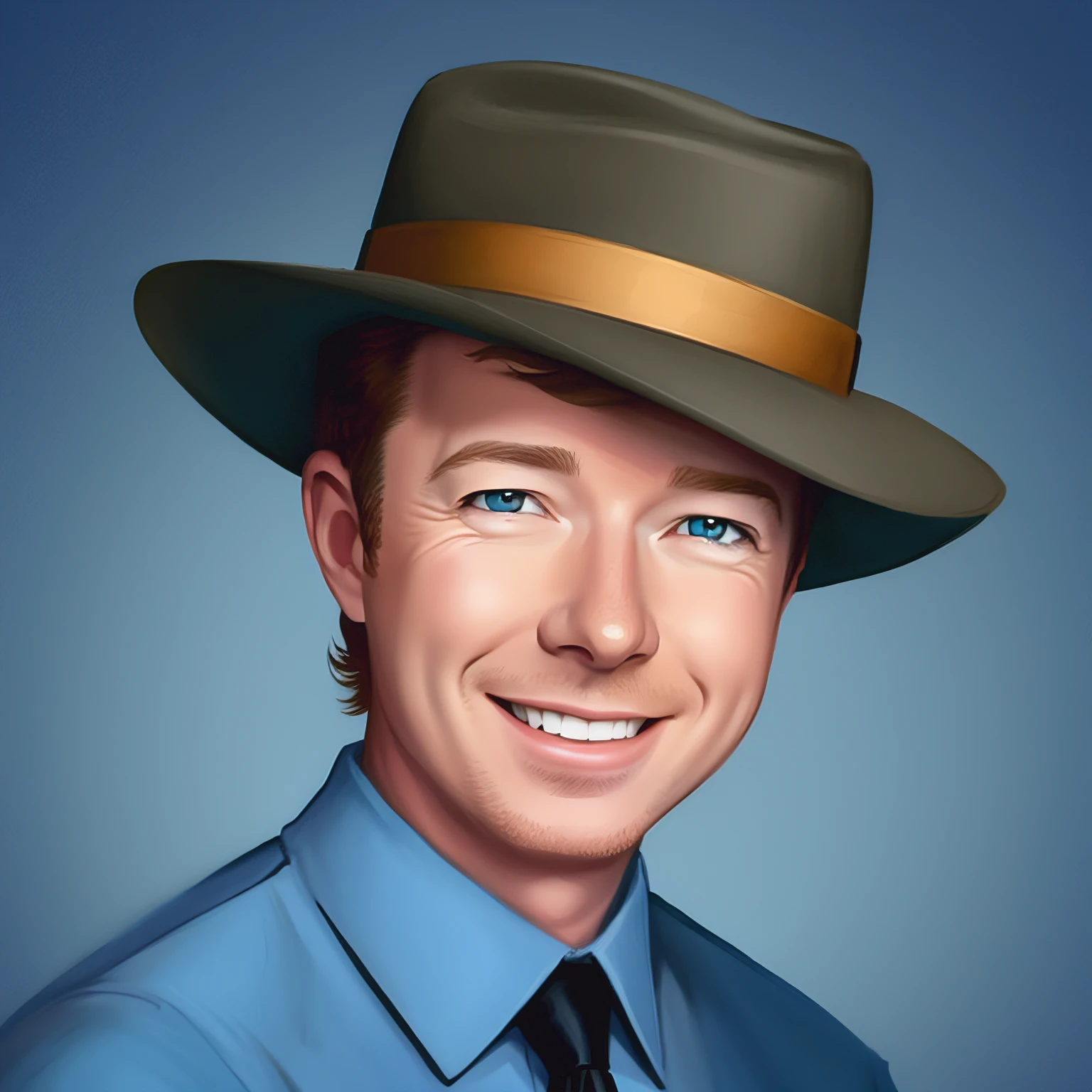 arafed rick astley in a hat smiling and wearing a blue shirt, rickroll, cartoon portrait, caricature