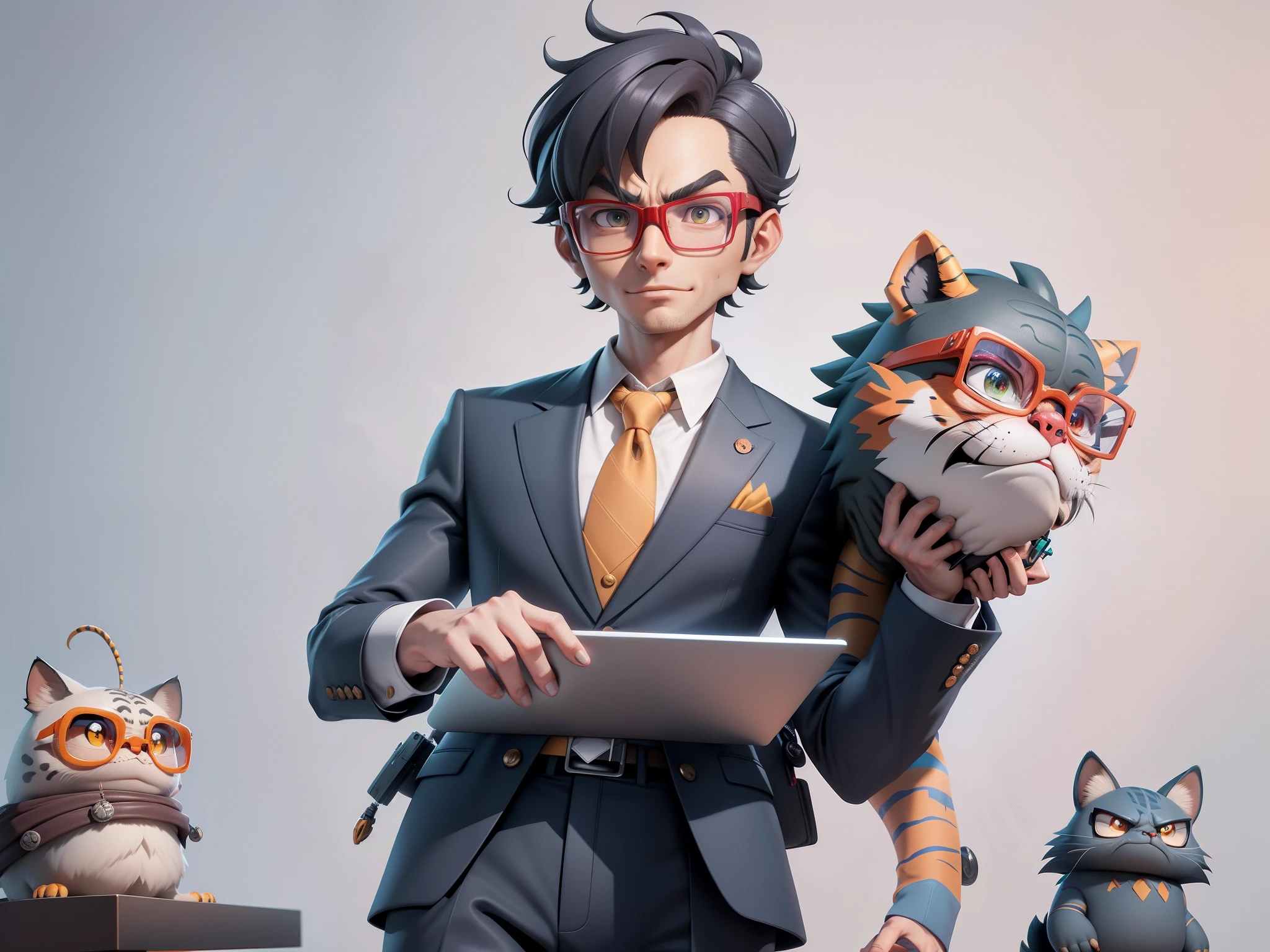 A young man in a suit, Short hair and glasses sat at his desk,holding laptop,digitial painting,tigre,3D character design by Mark Clairen and Pixar and Hayao Miyazaki and Akira Toriyama,4K HD illustration,Very detailed facial features and cartoon-style visuals。