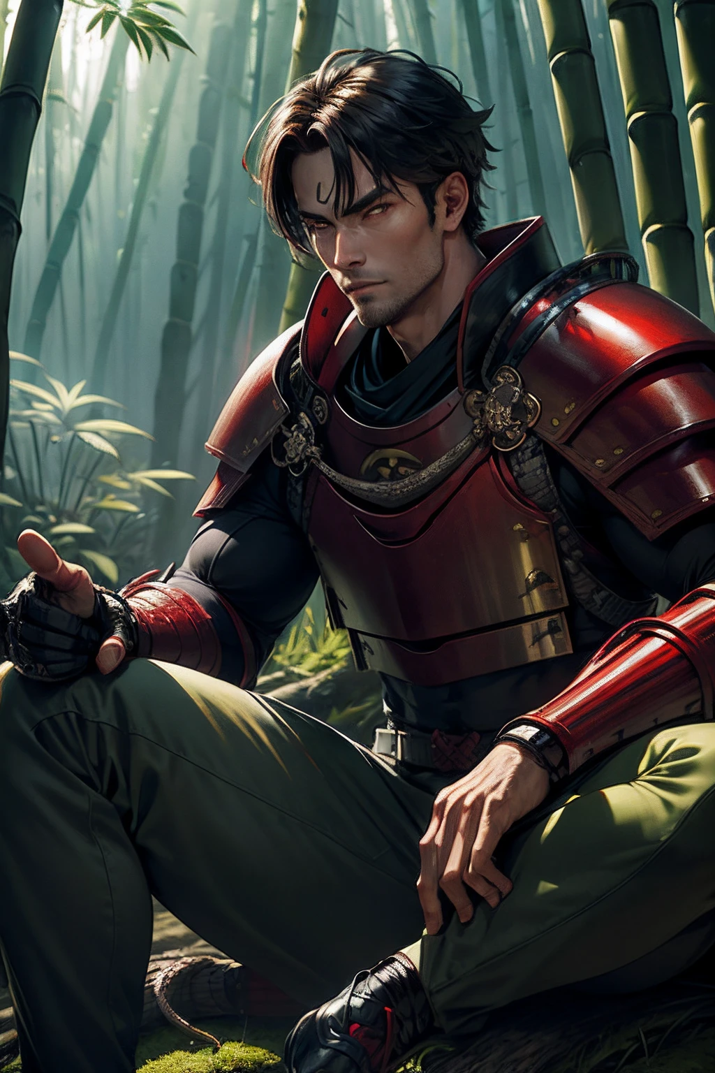 A handsome guy，Snake pupils，Spit snake letters，Scale covering，Sit cross-legged，（bamboo trees），kabuto，Red samurai armor，fog atmosphere，Strong sunshine，Mossy paths，yamamura，huge weapon，Hilltop view，