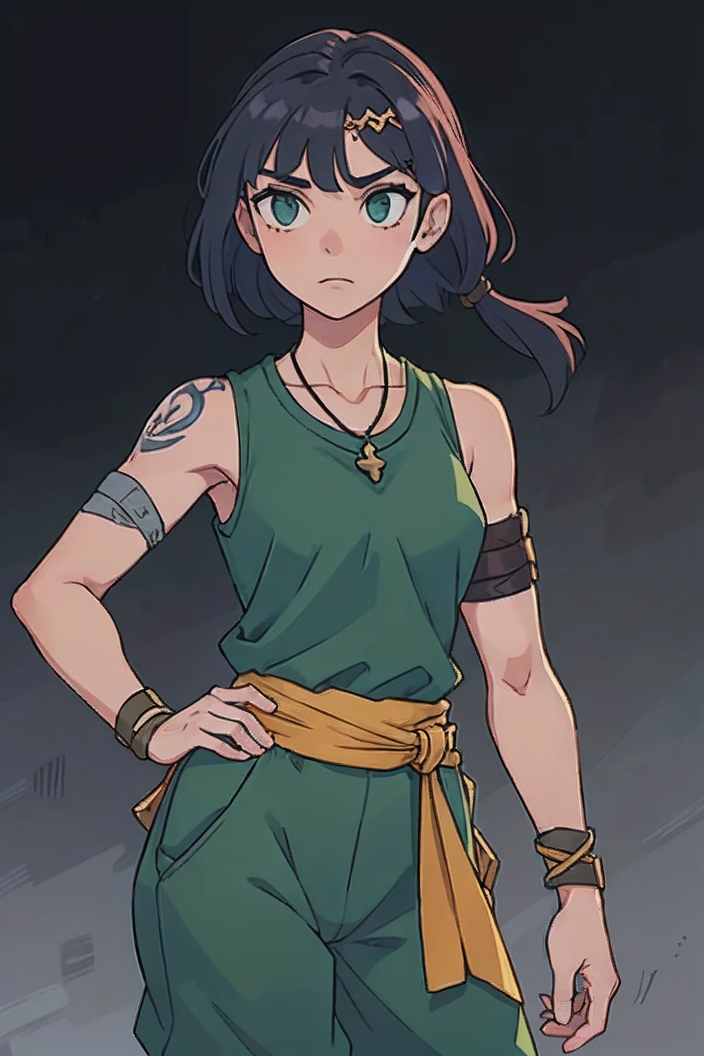 (1girl) (masterpiece) (high_quality) (fantasy) (detailed_hands) Shira: tall and fit physique, light skin tone. Hair: short grey with two bangs. Scars: multiple on face and body, one prominent vertical scar across the throat. Tattoo: blue dragon on right shoulder. Attire: long sleeveless dark green shirt tied with a light green sash, grey pants, black arm braces. Accessories: forehead protector attached to the bottom of shirt, bandages on right biceps, small amber magatama necklace. Special_instruction: focus on detailed and well-proportioned hands.