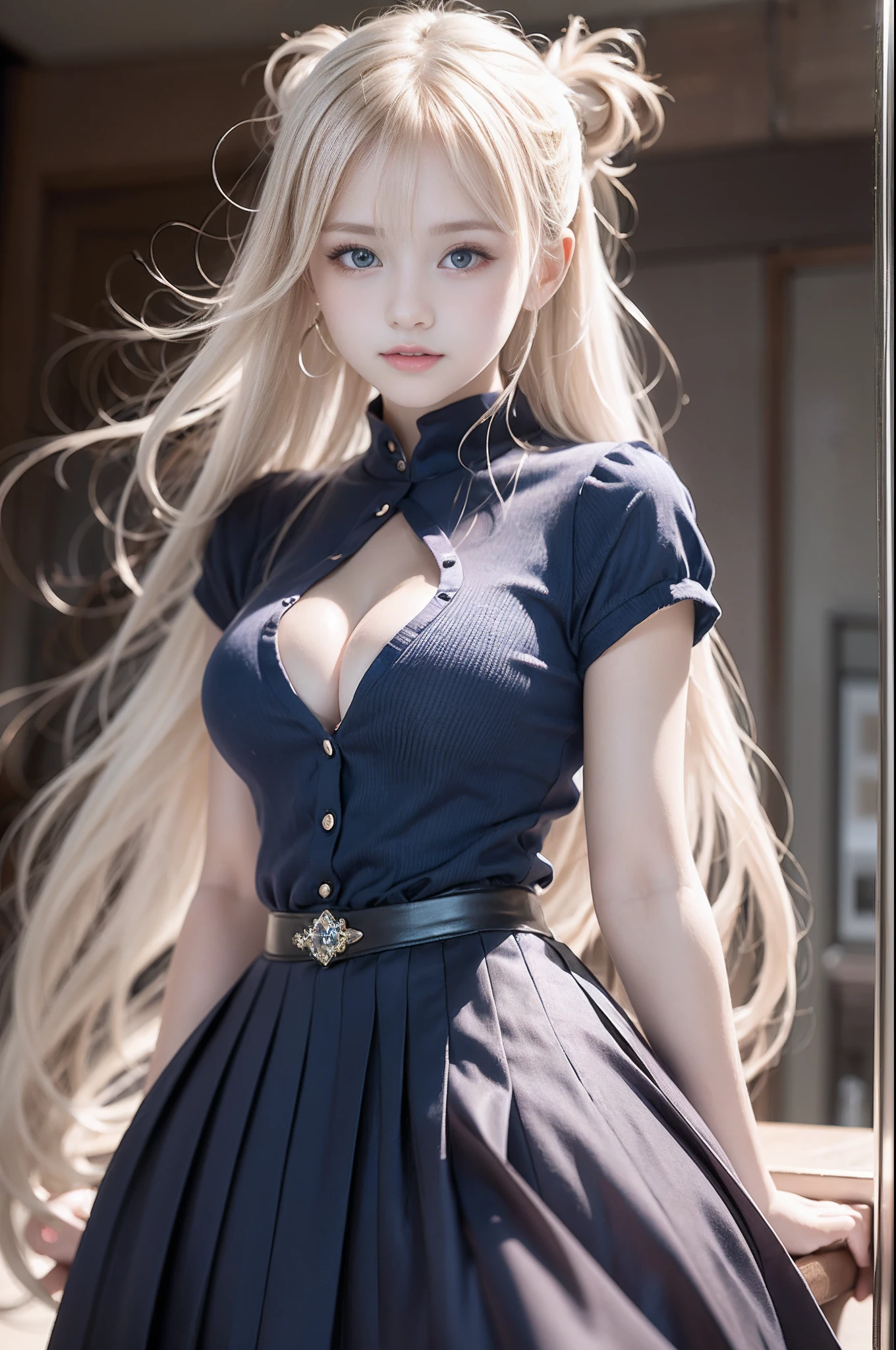bright expression、poneyTail、Young shiny shiny white shiny skin、Best Looks、Blonde reflected light、Platinum blonde hair with dazzling highlights、shiny light hair,、Super long silky straight hair、Beautiful bangs that shine、Glowing crystal clear attractive big blue eyes、Very beautiful nice cute 16 year old girl、Lush bust,Beautiful detailed eyes, beautiful detailed nose,(( Full body:1.5)),Makeup that the eyes emphasize、((Skirts with many folds)),(Women like Joan of Arc)，Royal style，Comic style, , Sub-surface scattering, ornate detail, nature backdrop, Hyper-realistic, Cinematic, Dramatic Lighting, masutepiece、fluffy hair、tshirts、Ultra-exposed cleavage、