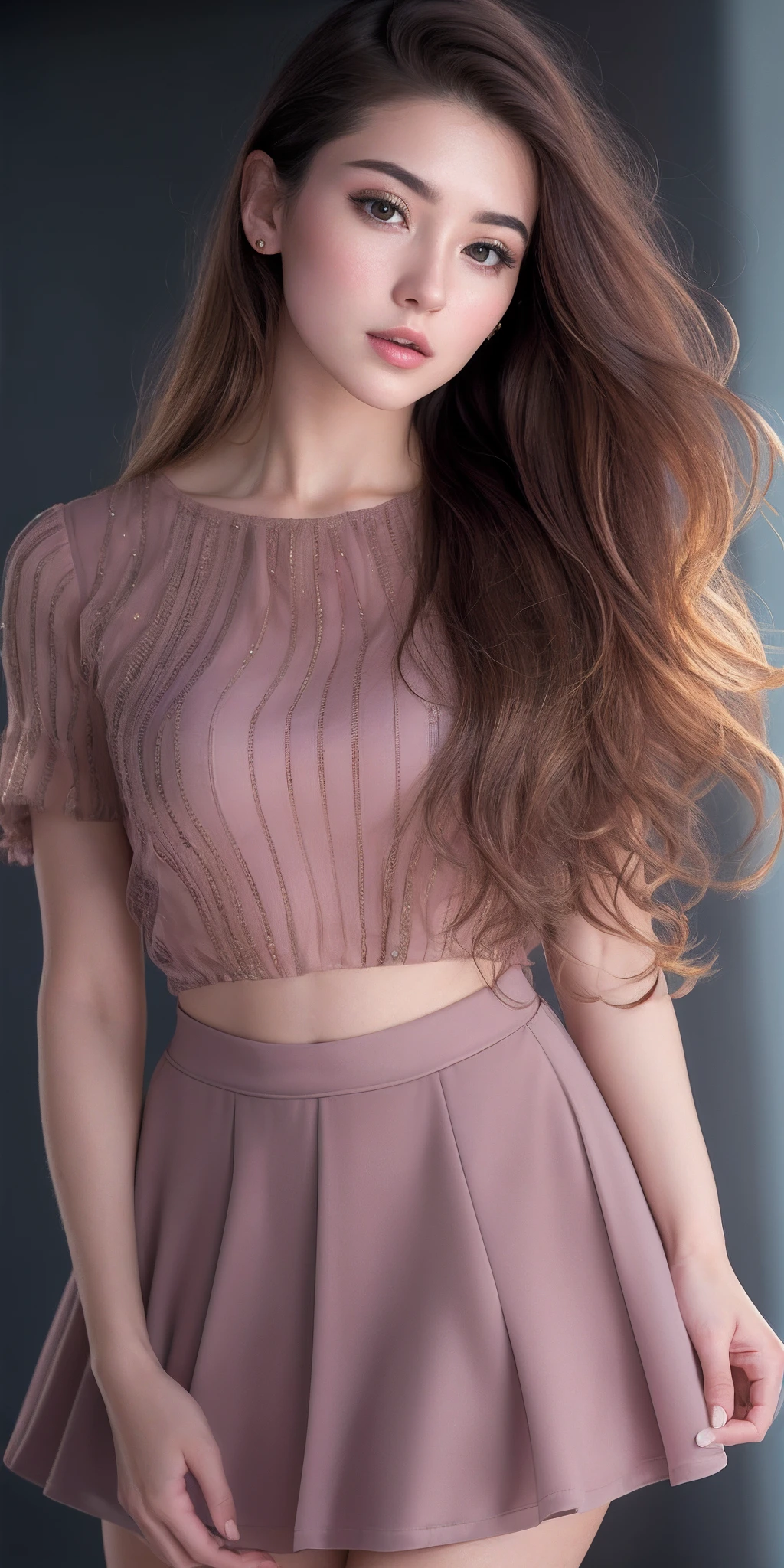 Photo of 25 year old girl, (brown hair with extra long wavy), ((portrait)), (Detailed face: 1.2)), (Detailed facial features)), (Fine skin), pale skin, high detail and deep cleavage, slim body, (cold color), reflection, (masterpiece) (Perfect proportions) (realistic photos) (highest quality), shot with Canon EOS R5, 50mm lens, f/2.8, HDR, (8k) (wallpaper) (movie lighting) (dramatic lighting) (sharp focus) (complex), (blouse, mini flared pastel skirt, heels), ((full body shot)), (studio background), ((from below))
